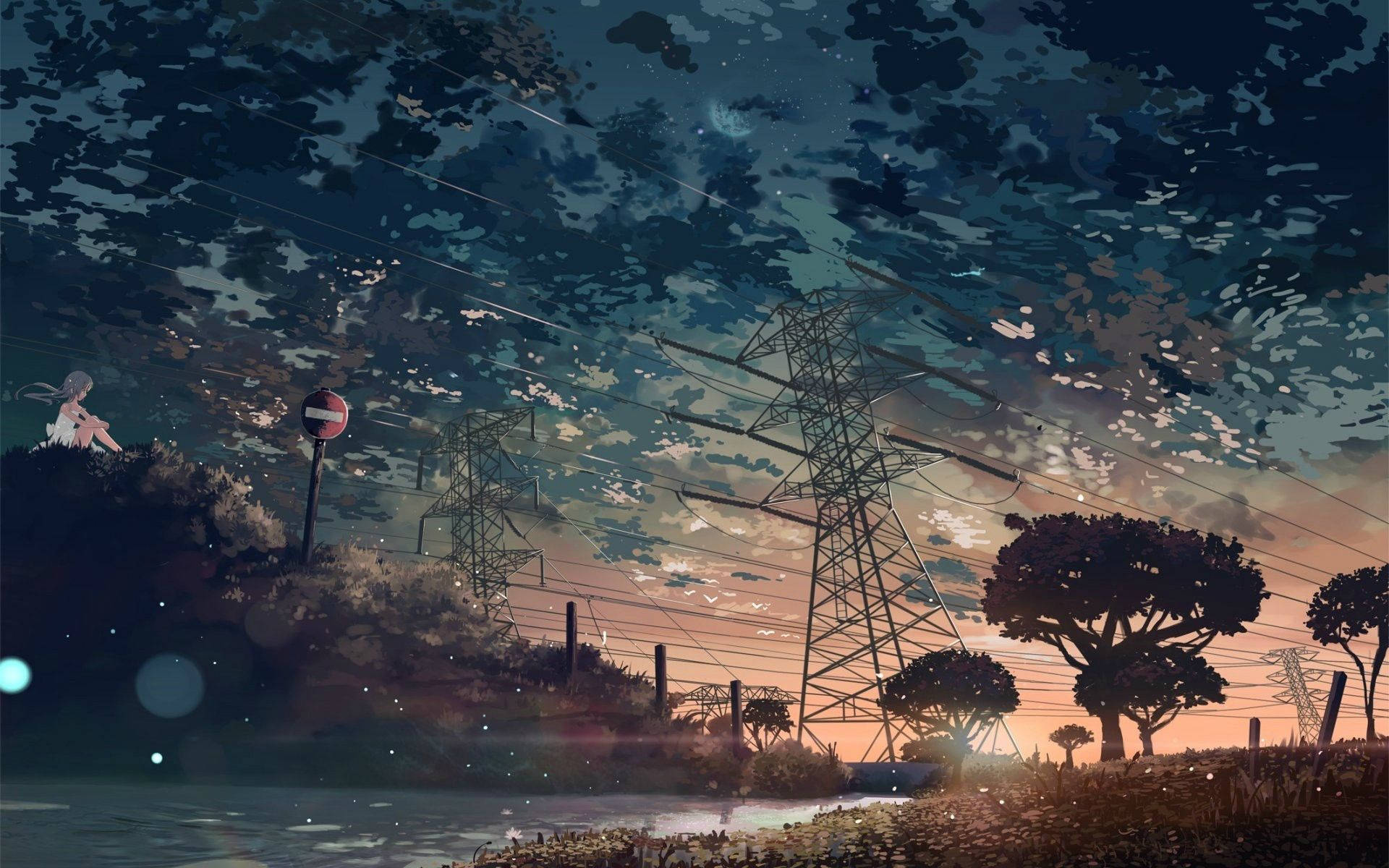 Anime Art 桌布 壁紙 — 一個孤獨的動漫女孩坐在黃昏的山丘上，在繁星點點的暮色天空下的電線旁。