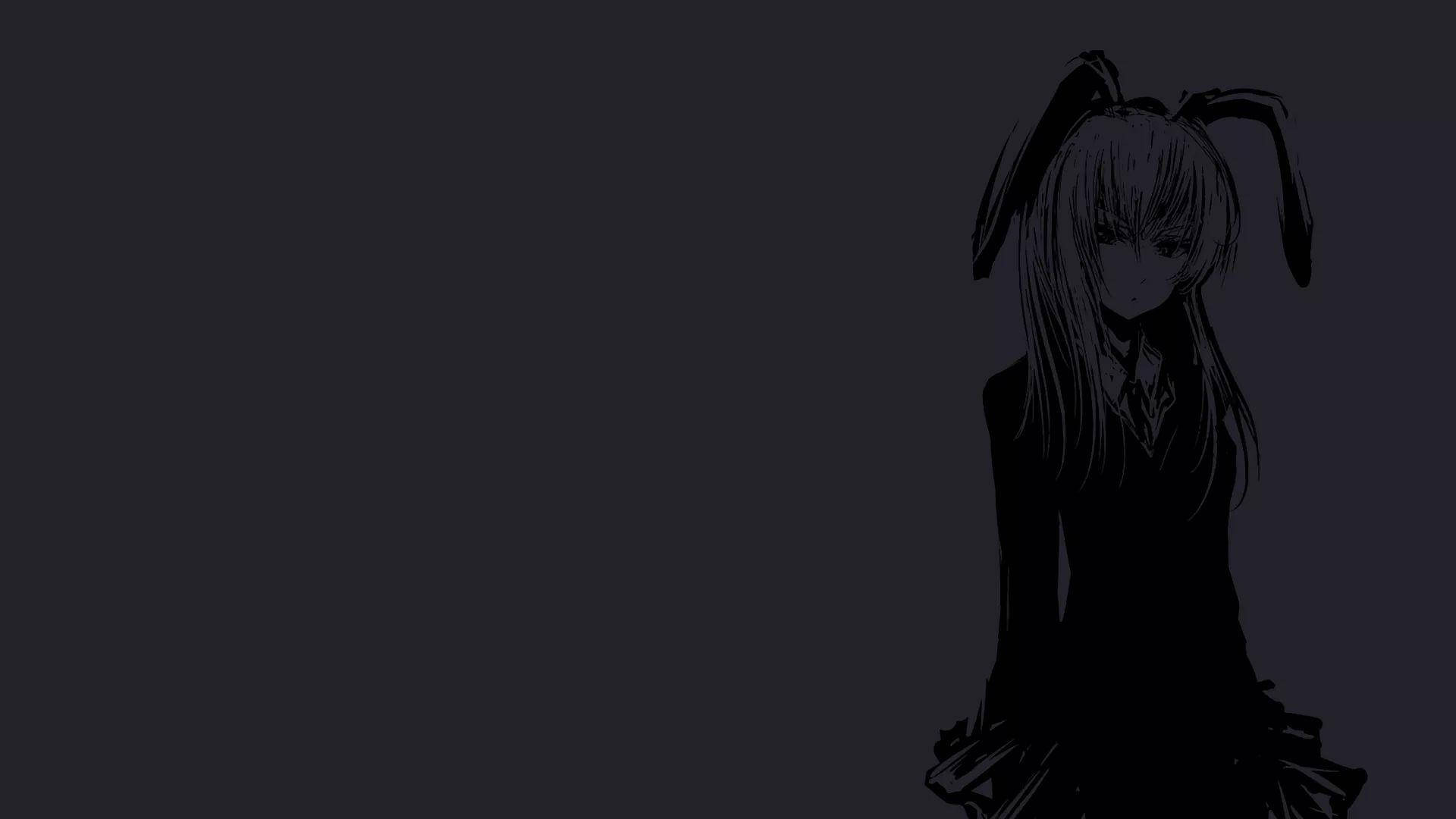 動漫女孩戴著兔耳朵，在深灰色背景下呈現黑暗剪影 — 黑色動畫gif 壁紙