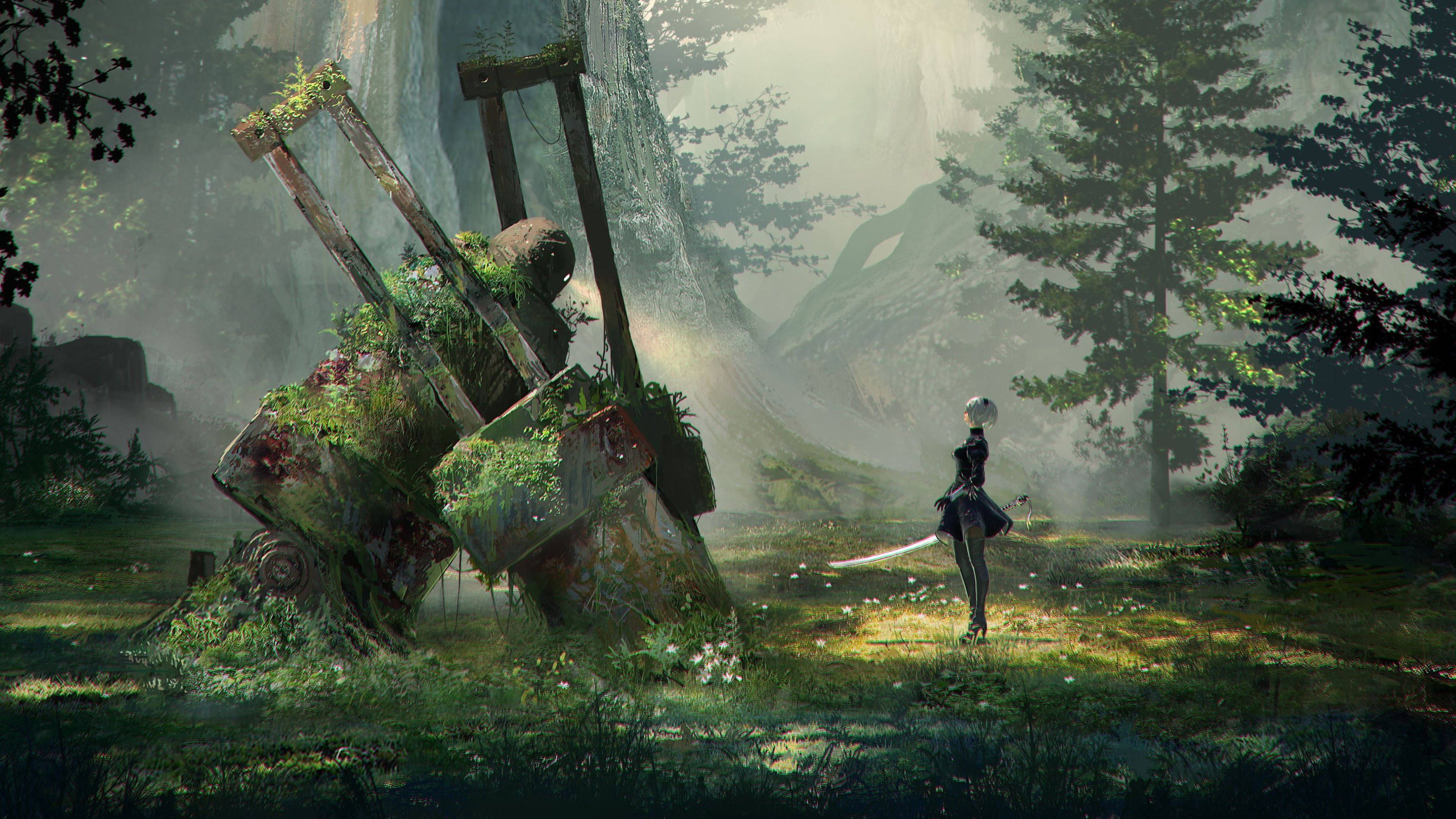 Nier Automata 4K 桌布 壁紙 — 一個孤獨的動漫女孩拿著劍，站在霧氣瀰漫的森林空地中一張長滿苔蘚的破椅子旁。