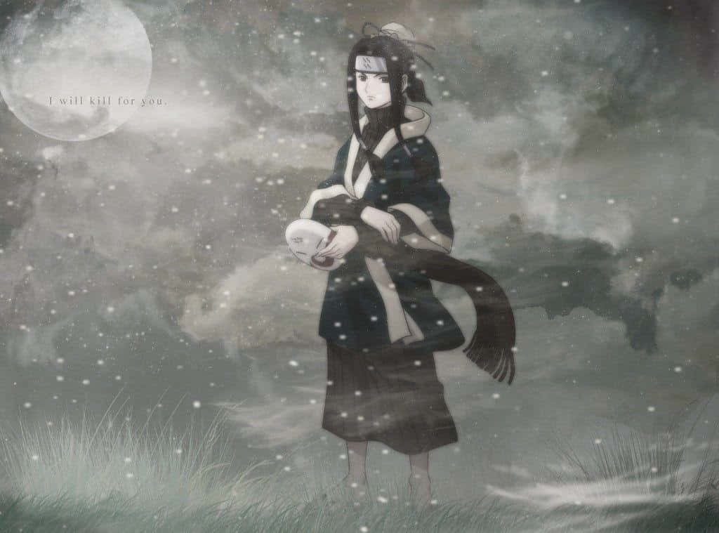 Naruto Haku 桌布 壁紙 — 一個孤獨的動漫女孩穿著深色長袍，站在雪地草地上，在滿月下拿著面具，表情莊嚴。