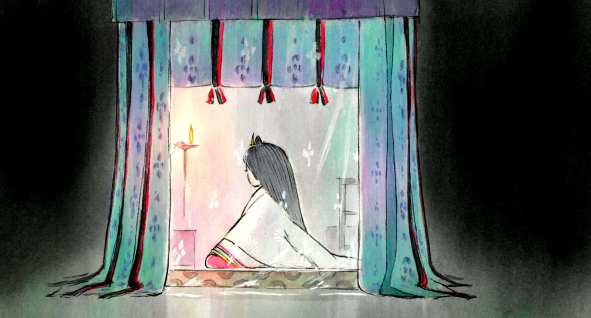 The Tale Of The Princess Kaguya 桌布 壁紙 — 一個孤獨的動漫女孩穿著白色和服，夜晚坐在窗邊，凝視窗外，一支蠟燭在她旁邊閃爍。