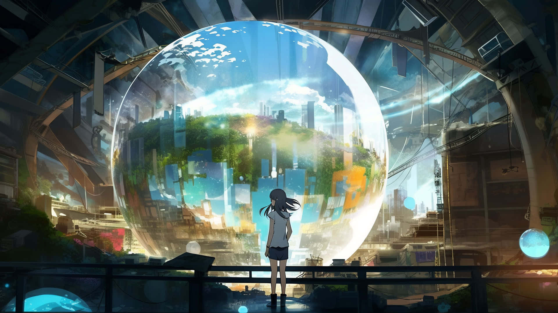Weathering With You 桌布 壁紙 — 一個孤獨的動漫女孩站在一個發光的玻璃球前，球內包含一個在明亮天空下充滿活力的微型城市景觀。