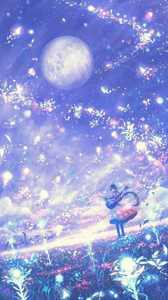 靚靚動畫 桌布 壁紙 — 一個孤獨的動漫女孩站在滿月下發光的田野中，魔法蝴蝶和閃爍的光芒在她周圍旋轉。
