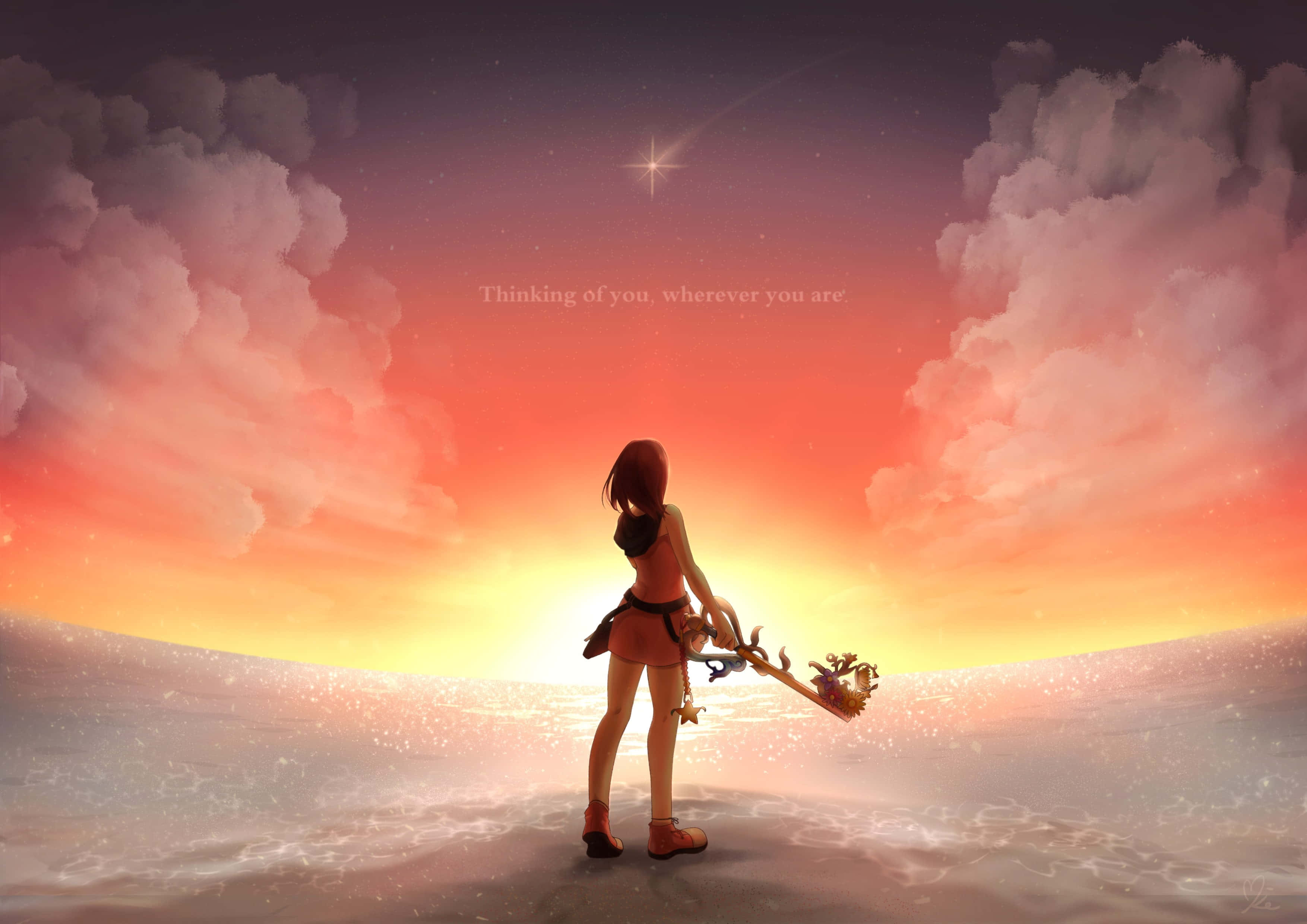 Kingdom Hearts 桌布 壁紙 — 一個孤獨的動漫女孩站在雪原上，手持鑰刃，而鮮豔的夕陽以橙色、粉紅色和紫色渲染天空。