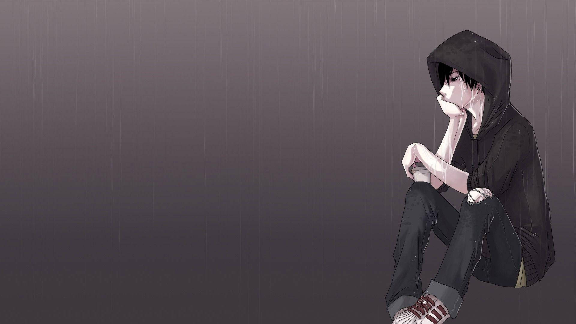 A Sad Emo Boy 壁紙 — 一個孤獨的動漫少年穿著黑色連帽衫，在灰色的雨中彎腰坐著，手托下巴，在單色背景下陷入沉思。