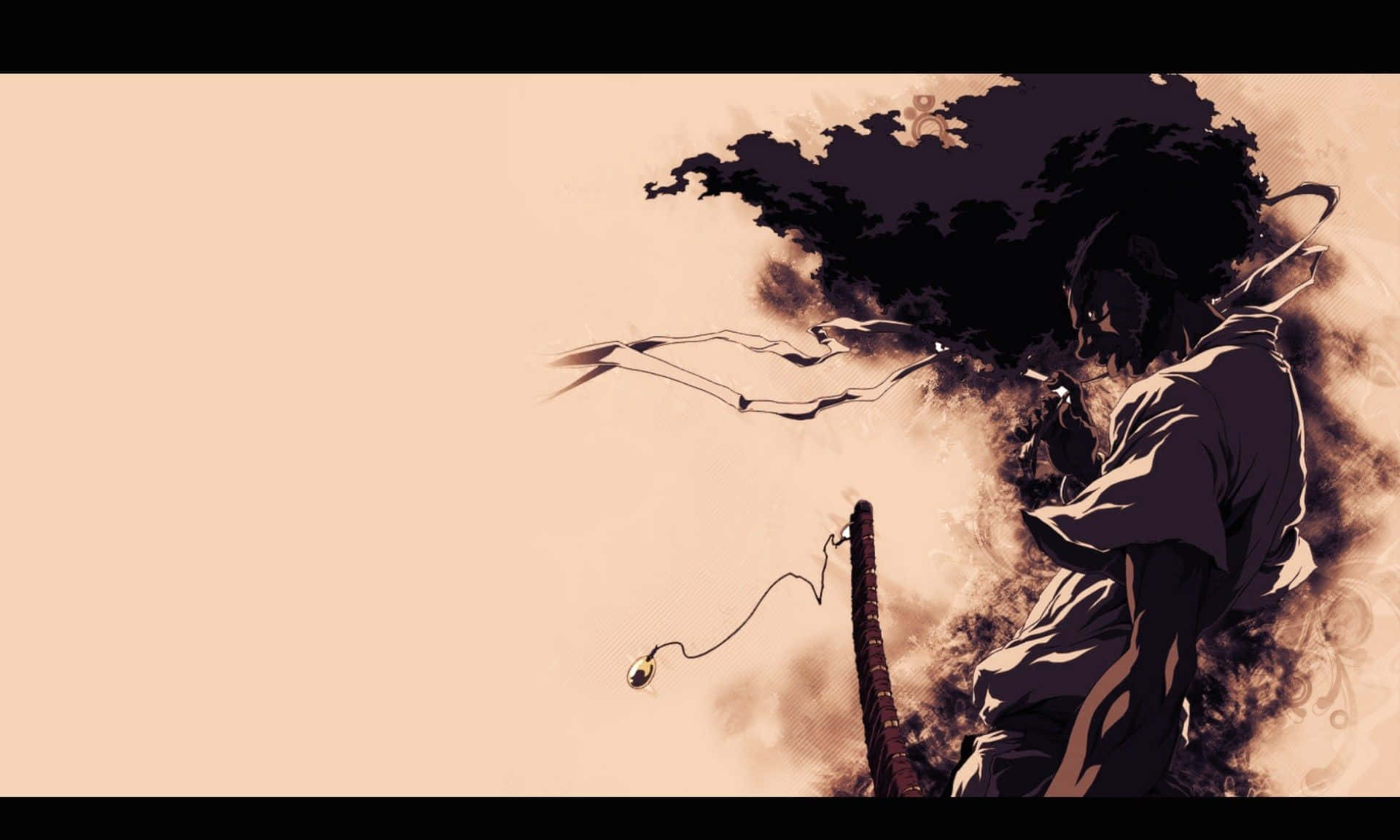 Afro Samurai 桌布 壁紙 — 一個孤獨的動漫戰士，有著狂野的頭髮和一把劍，在帶有旋轉煙霧和電能的深褐色背景前呈現戲劇性的剪影。