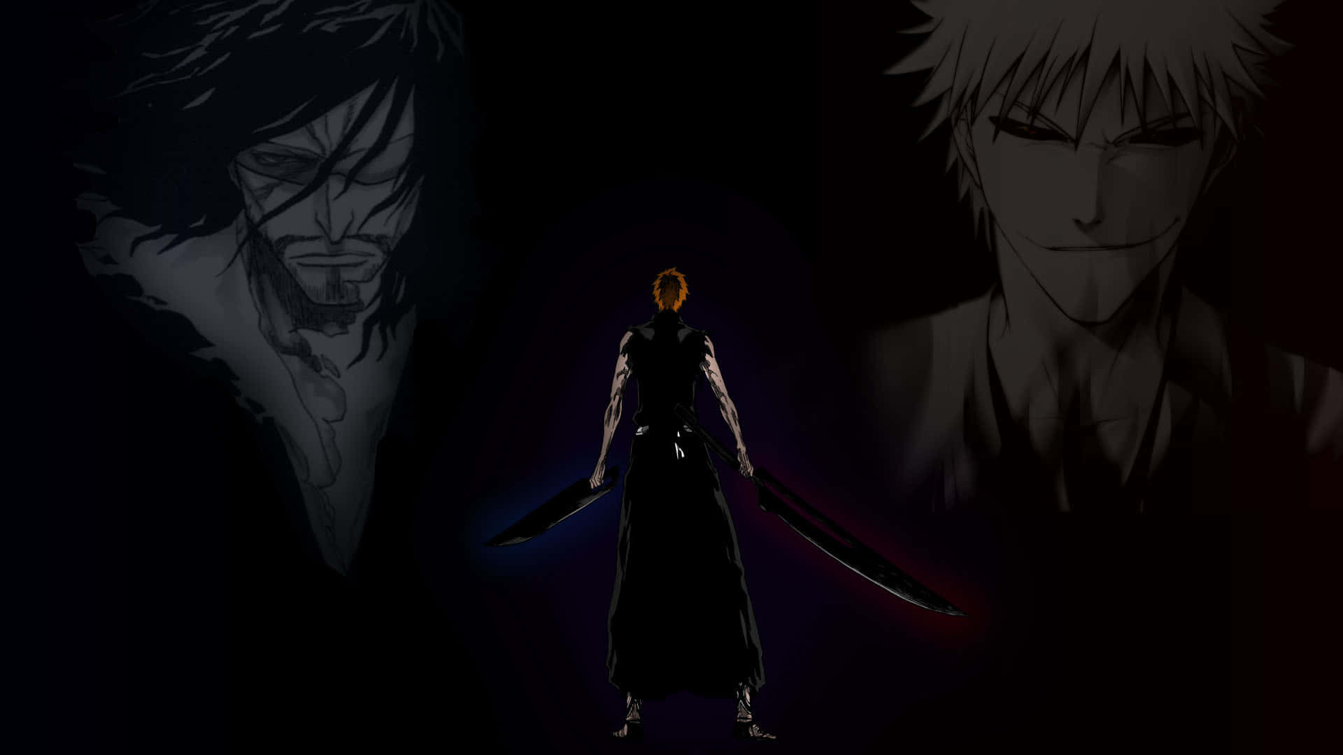 Zangetsu 桌布 壁紙 — 一個孤獨的動漫戰士，橙色頭髮，背光站立，手持兩把劍，兩側是陰影般的鬼臉，在黑暗的電影場景中。