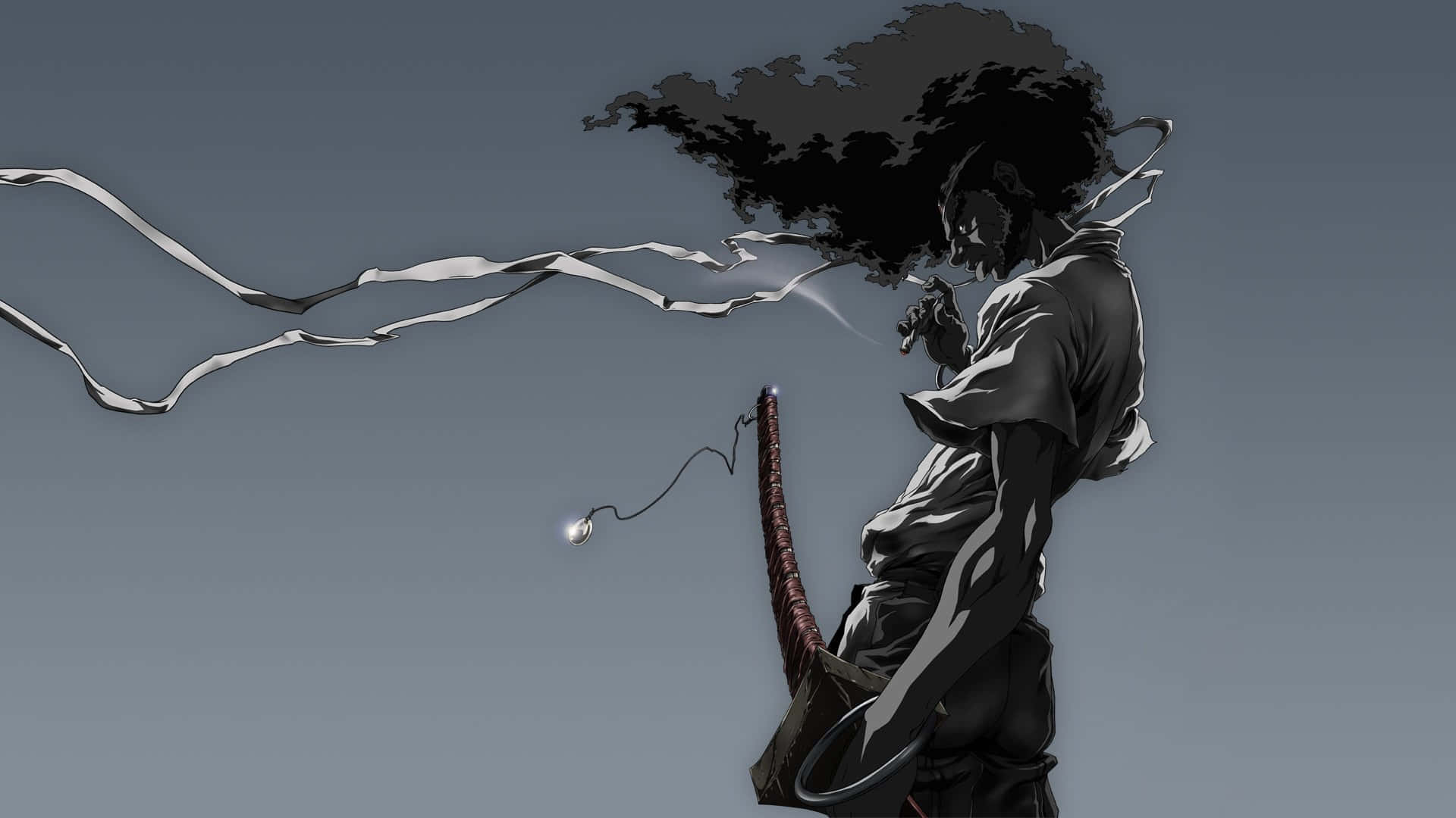 武士 桌布 壁紙 — 一個孤獨的動漫戰士，留著非洲式頭髮，手持劍，站在灰色的天空下，手中流出的光帶。