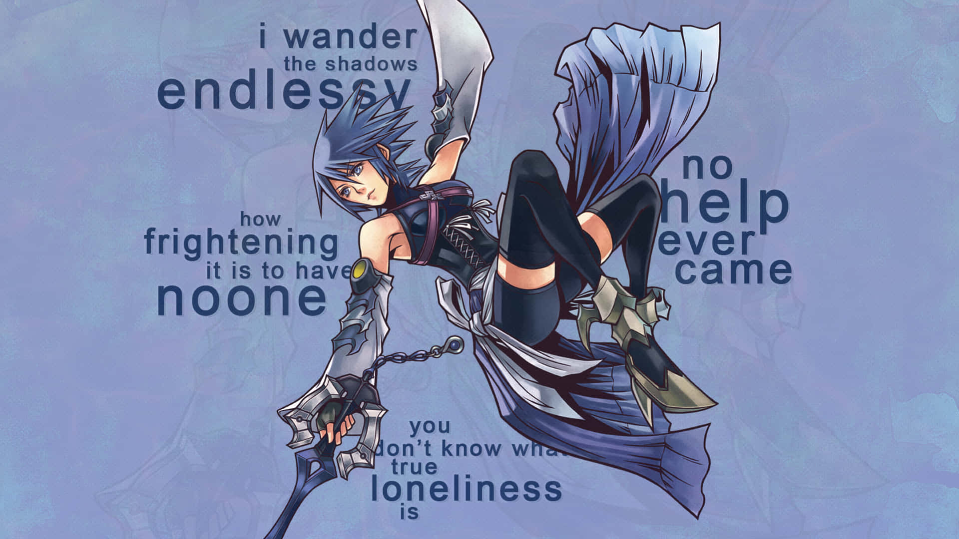 Aqua from Kingdom Hearts fighting for justice. 壁紙 — 一個孤獨的動漫戰士，藍色頭髮和飄逸的斗篷，在紫色背景上拿著劍，背景上有關於孤獨的令人難忘的文字。