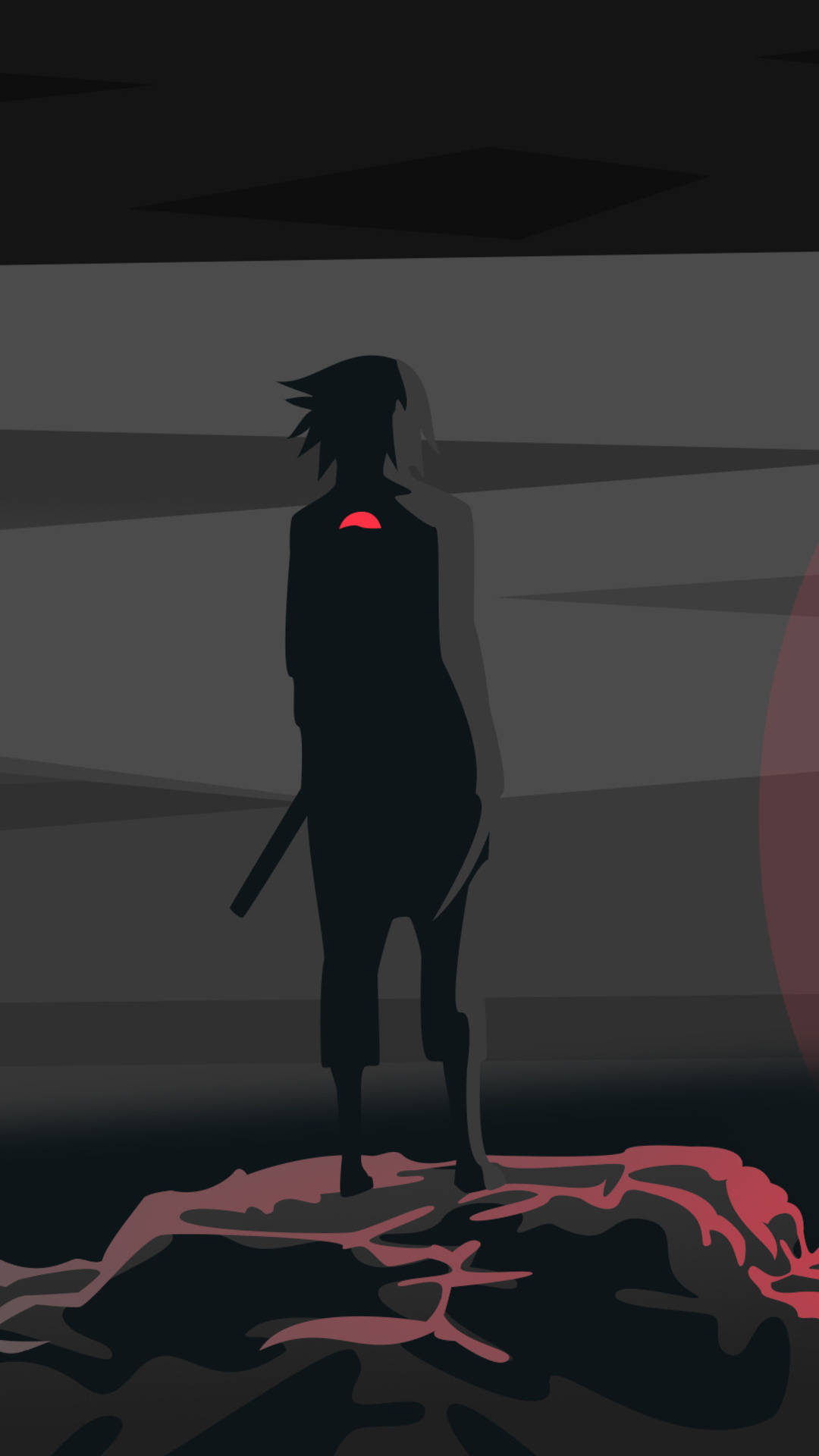 Silhouette 桌布 壁紙 — 一個孤獨的動漫戰士以剪影站在黑暗漸變的天空前，背上有一個發光的紅色標記，腳下是紅色地面。