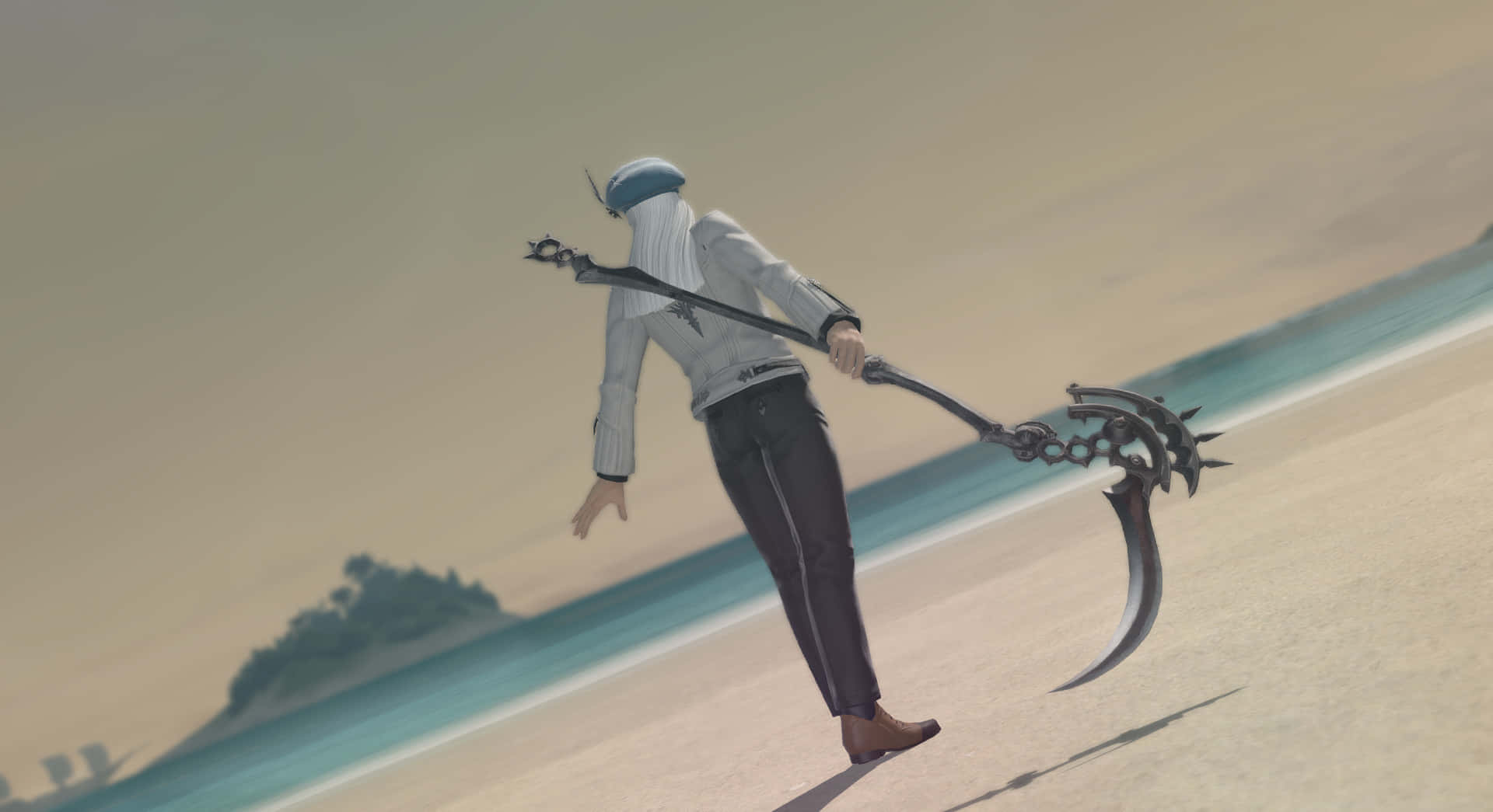 Hunter X Hunter Kite 桌布 壁紙 — 一個孤獨的動漫戰士拿著鐮刀，在朦朧的天空下沿著沙灘行走，遠處有綠色島嶼。