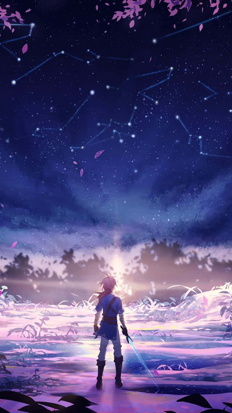 Botw 桌布 壁紙 — 一個孤獨的動漫戰士站在發光的田野中，在繁星點點的夜空下，可見星座和飄落的櫻花。