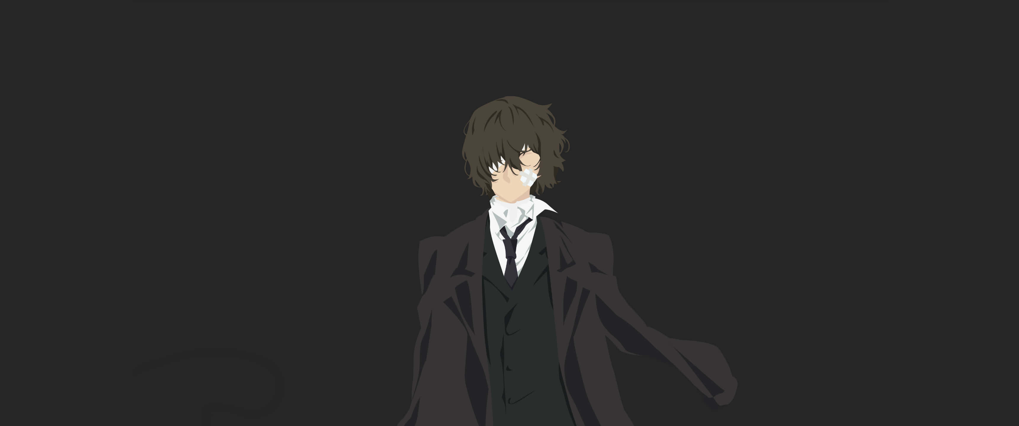 Minimalist Design in 3440x1440 Resolution 壁紙 — 一個孤獨的動漫男孩穿著深色西裝，站在純黑色背景前，表情陰沉。