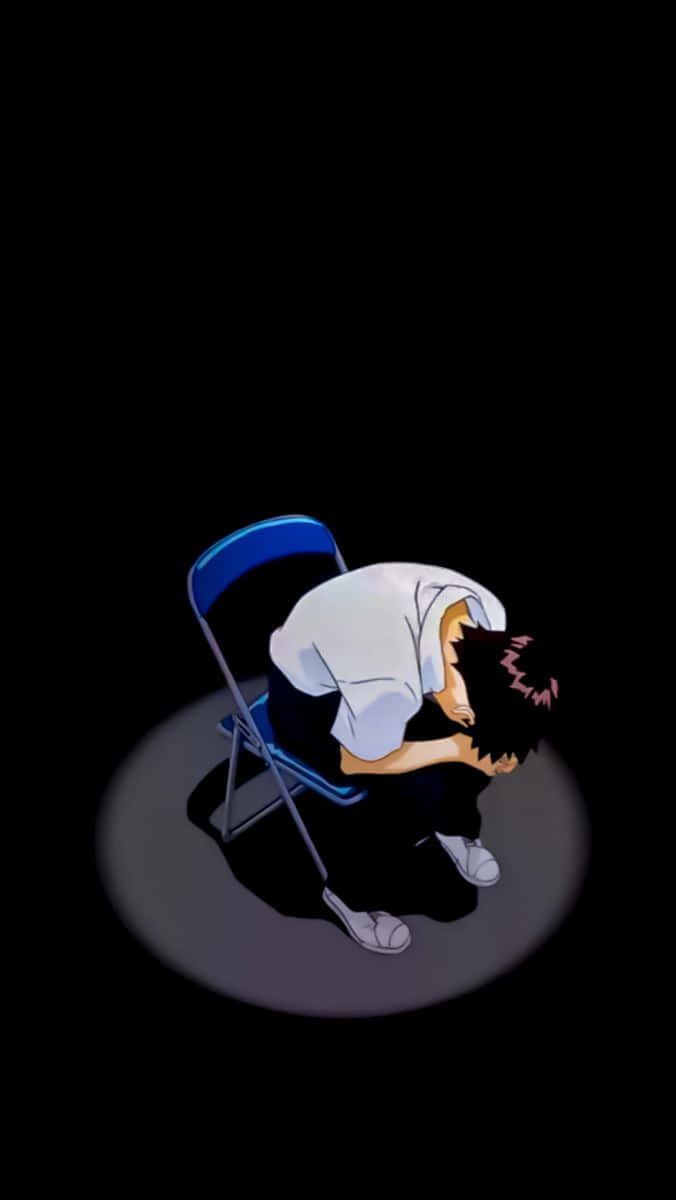Shinji Ikari 桌布 壁紙 — 一個孤獨的動漫男孩穿著白襯衫，在黑色虛空中，單一聚光燈下癱倒在藍色摺椅上。