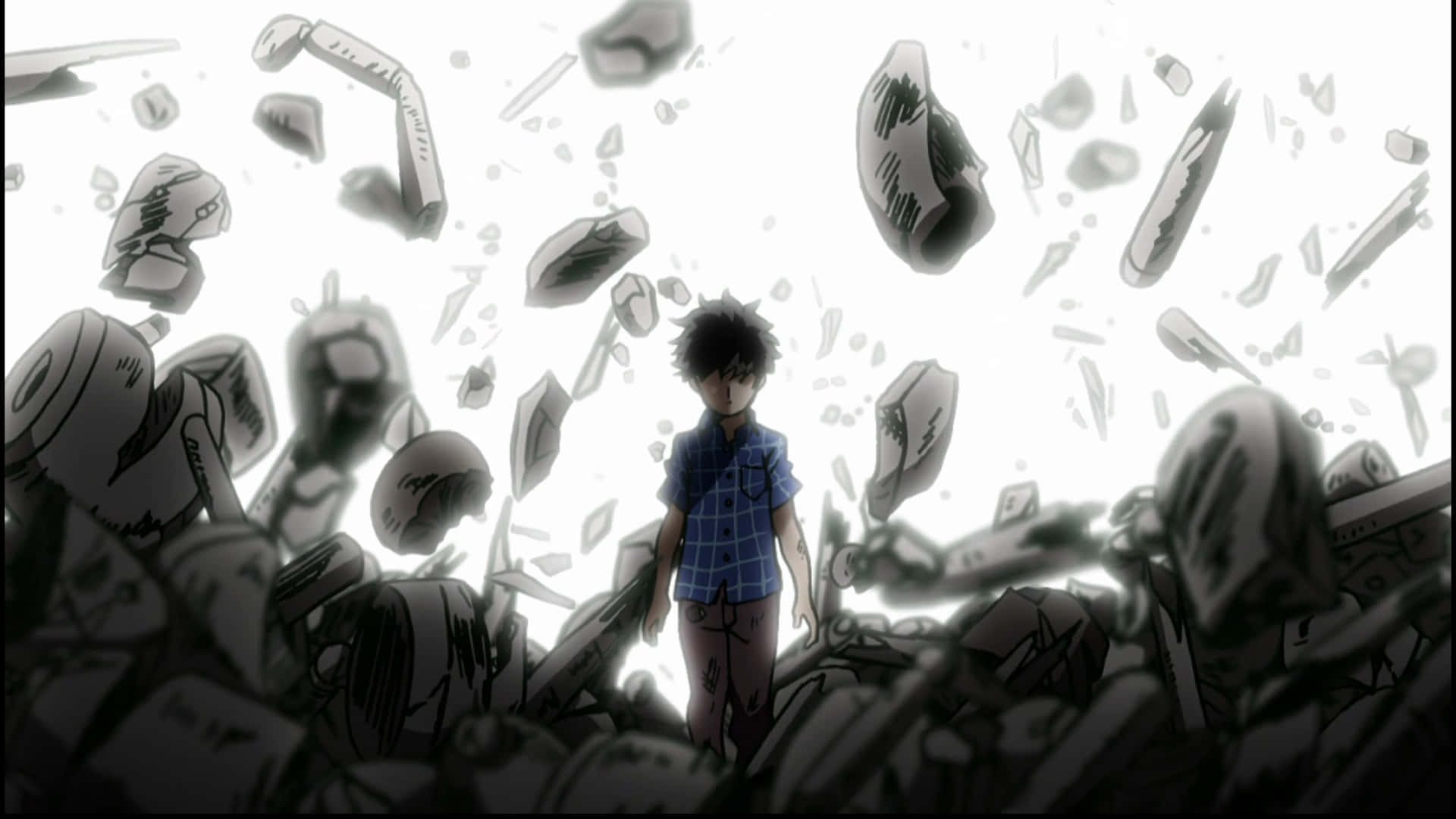 Mob Psycho 桌布 壁紙 — 一個孤獨的動漫男孩站在明亮的白色天空下，漂浮的破碎玻璃碎片之中。