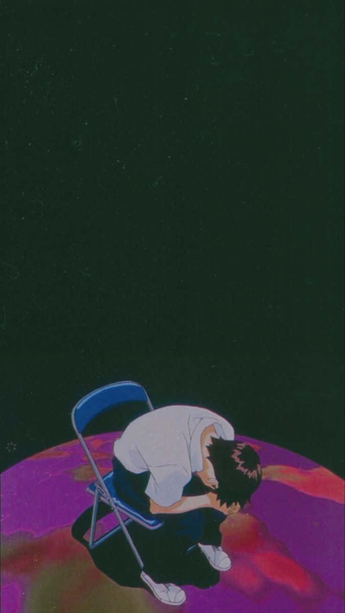 Shinji Ikari 桌布 壁紙 — 一個孤獨的動漫男孩蜷縮在摺疊椅上，位於一個發光的紫色星球上，下方是星空虛空。