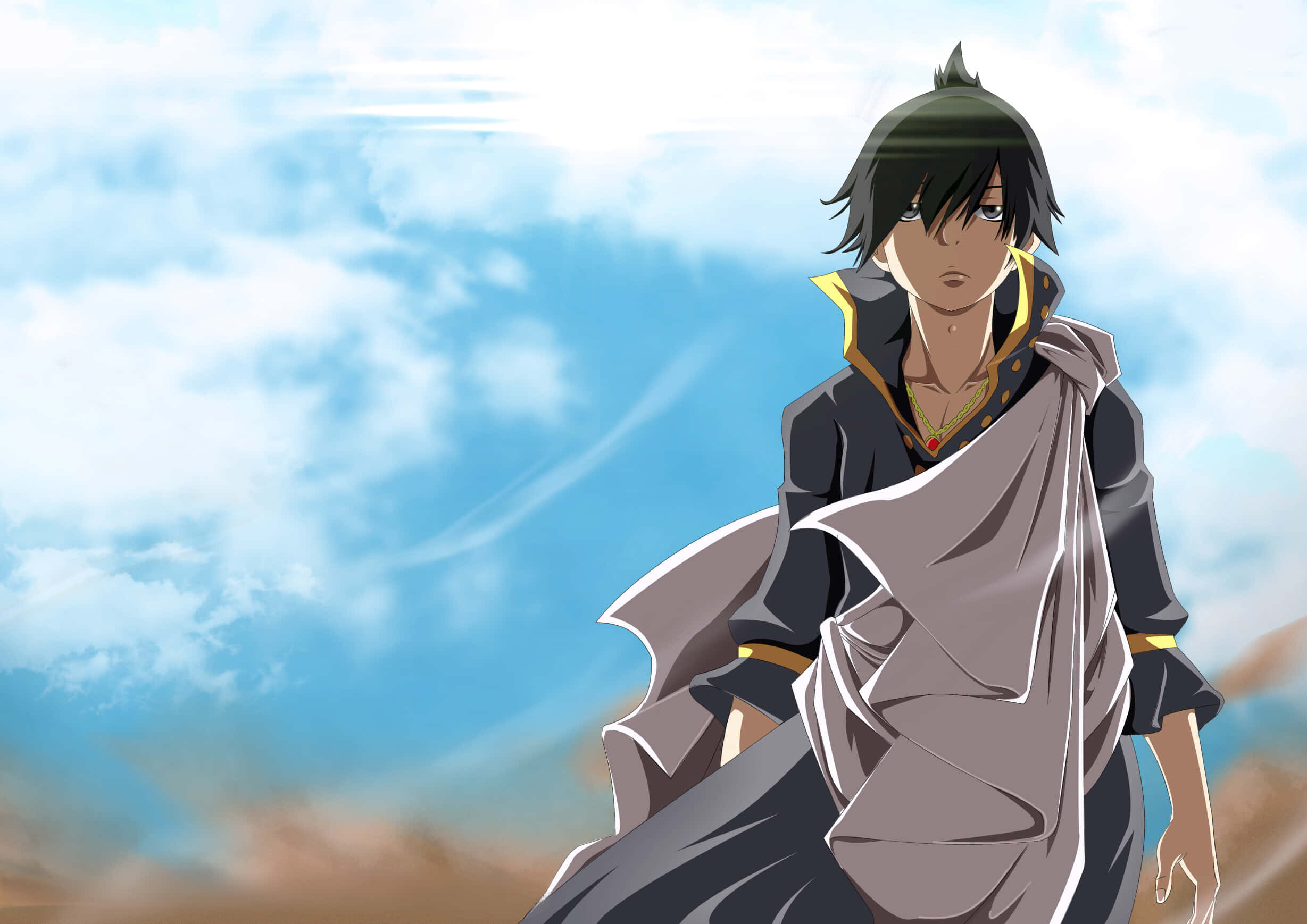 Zeref Dragneel 桌布 壁紙 — 一個孤獨的動漫角色，深色頭髮，披著飄逸的灰色斗篷，站在明亮的藍天下，有縷縷白雲。