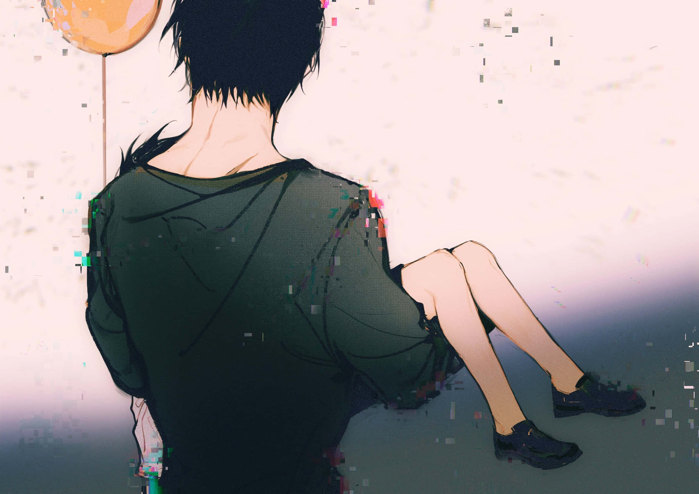 Toji Fushiguro 桌布 壁紙 — 一個孤獨的動漫角色坐在氣球旁邊，數位故障效果散落在柔和的粉彩背景上。