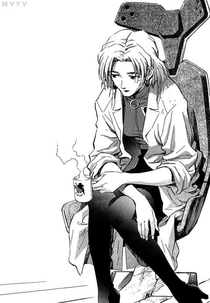 Ritsuko Akagi 桌布 壁紙 — 一個孤獨的動漫角色坐在高背椅上，手持冒煙的杯子，呈現出鮮明的黑白插圖。