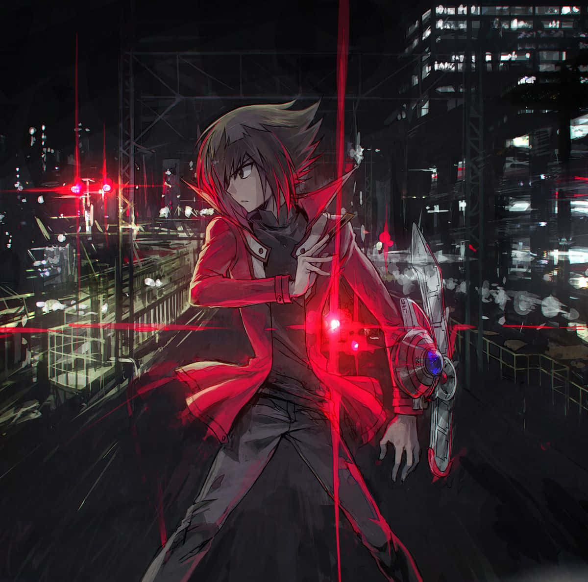 Jaden Yuki 桌布 壁紙 — 一個孤獨的動漫角色穿著紅色外套，站在夜晚黑暗的城市景觀中，揮舞著發光的紅色武器，激光束劃破空氣。