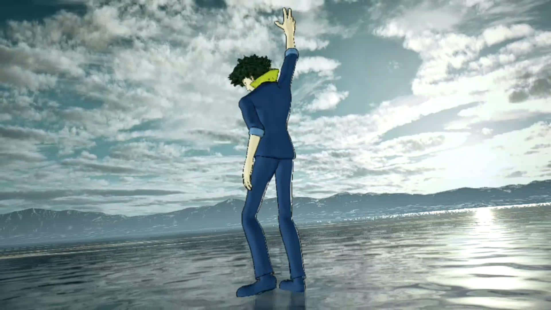 Spike Spiegel 桌布 壁紙 — 一個孤獨的動漫角色穿著藍色西裝站在反光表面上，一隻手臂舉向遠山上方多雲的天空。