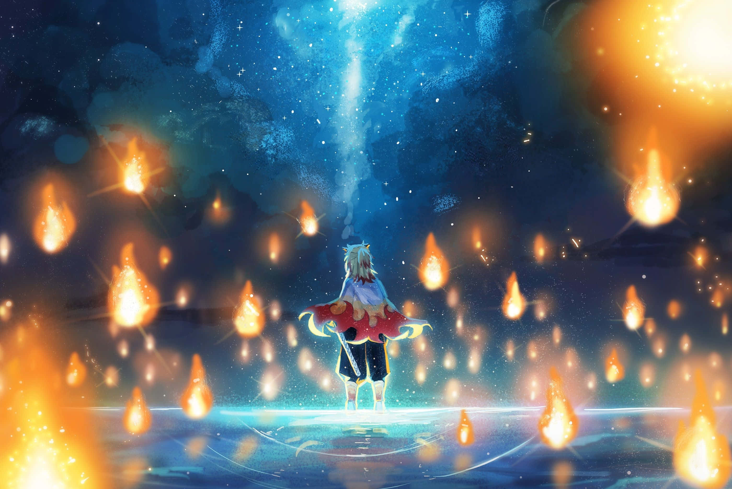 Rengoku Sword 桌布 壁紙 — 一個孤獨的動漫角色站在星空下發光的水中，周圍環繞著漂浮的火焰和耀眼的光束。