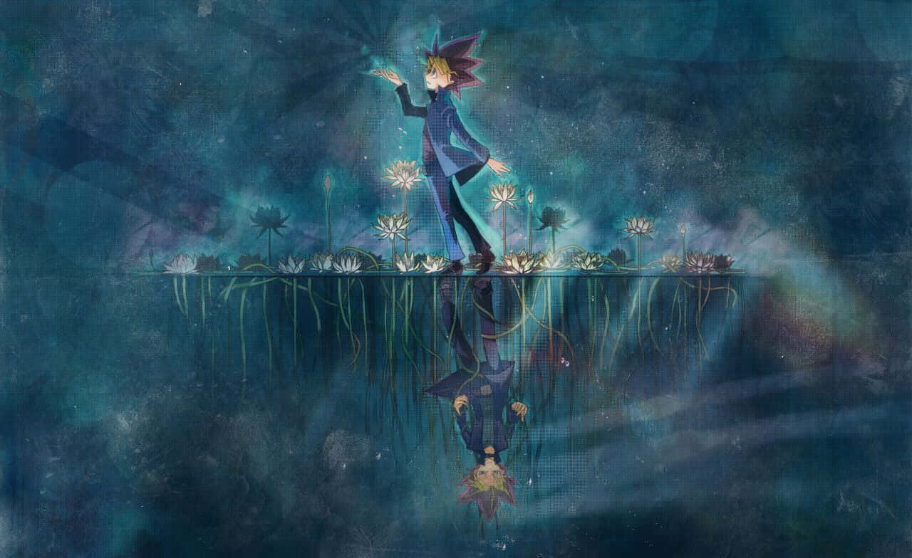 Yugi Muto 桌布 壁紙 — 一個孤獨的動漫角色站在漂浮的蓮花平台上，下方是繁星點點的藍綠色天空，映出鏡面般的倒影。