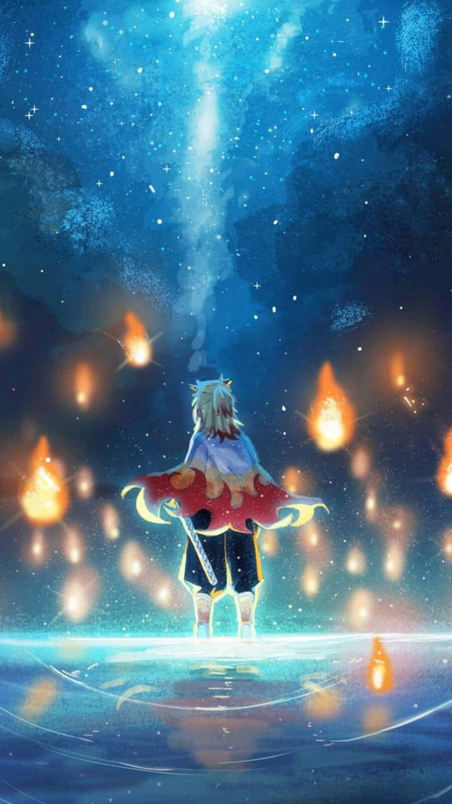 Rengoku Aesthetic 桌布 壁紙 — 一個孤獨的動漫角色站在發光的表面上，在繁星點點的藍天下，被漂浮的橙色火焰包圍。