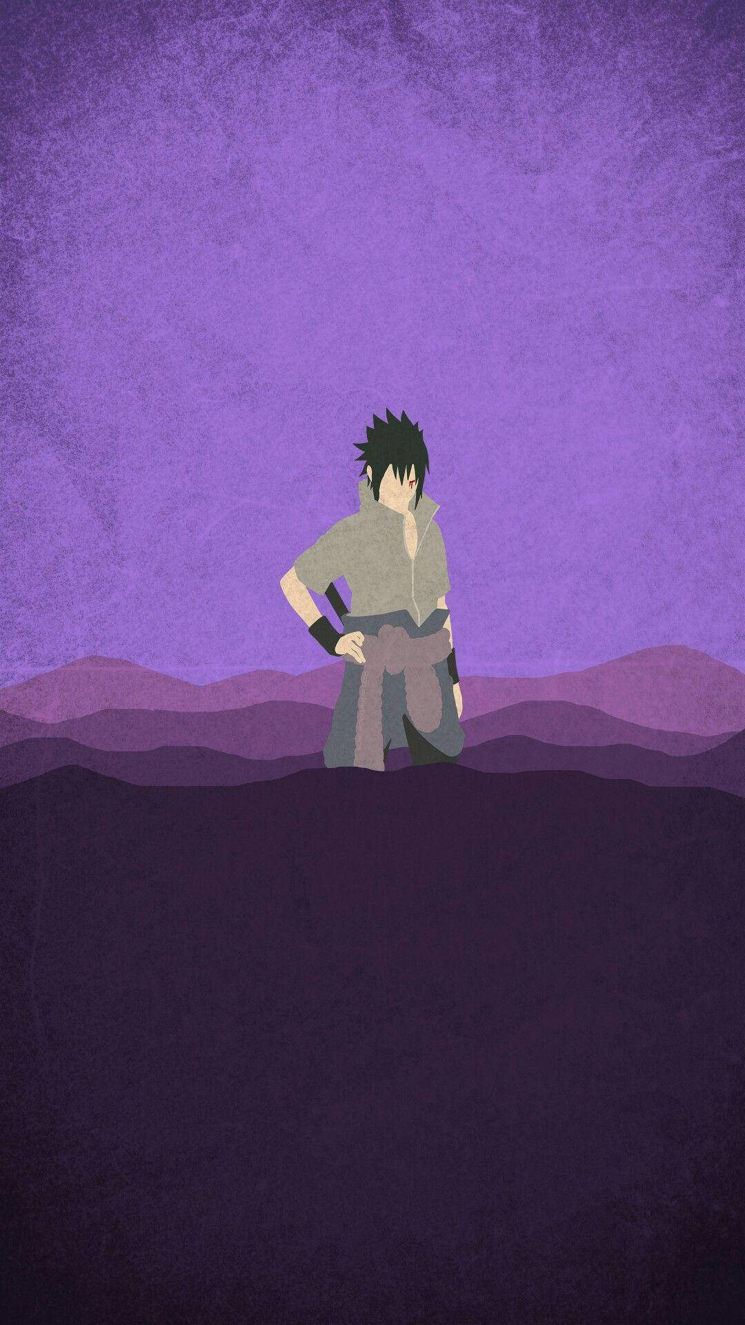 sasuke uchiha 桌布 壁紙 — 一個孤獨的動漫角色站在紫色山脈頂端，背景是帶有紋理的紫羅蘭色天空。