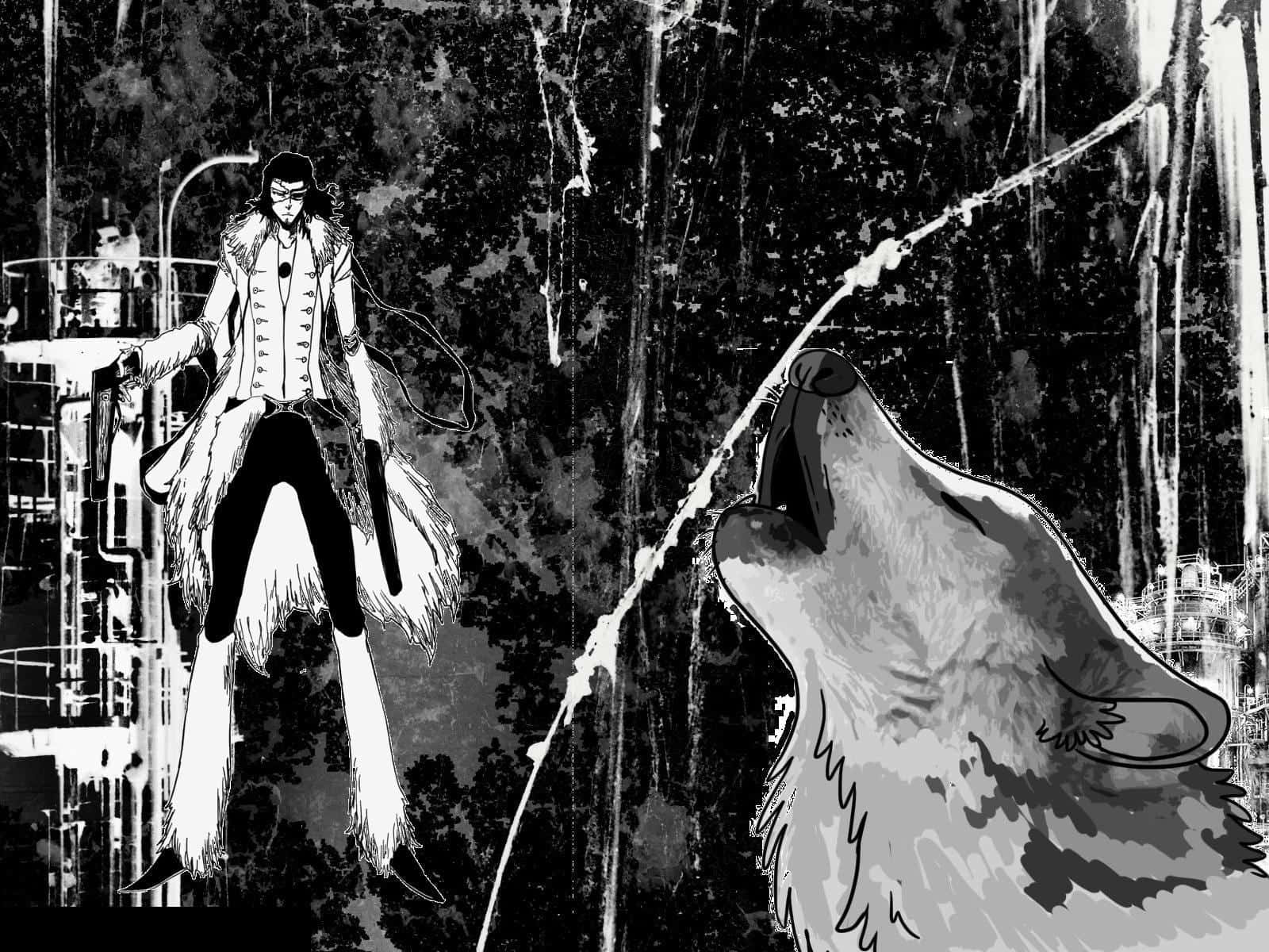 Coyote Starrk 桌布 壁紙 — 一個孤獨的動漫風格人物穿著毛領外套，站在嚎叫的狼旁邊，背景是粗糙的城市景觀。