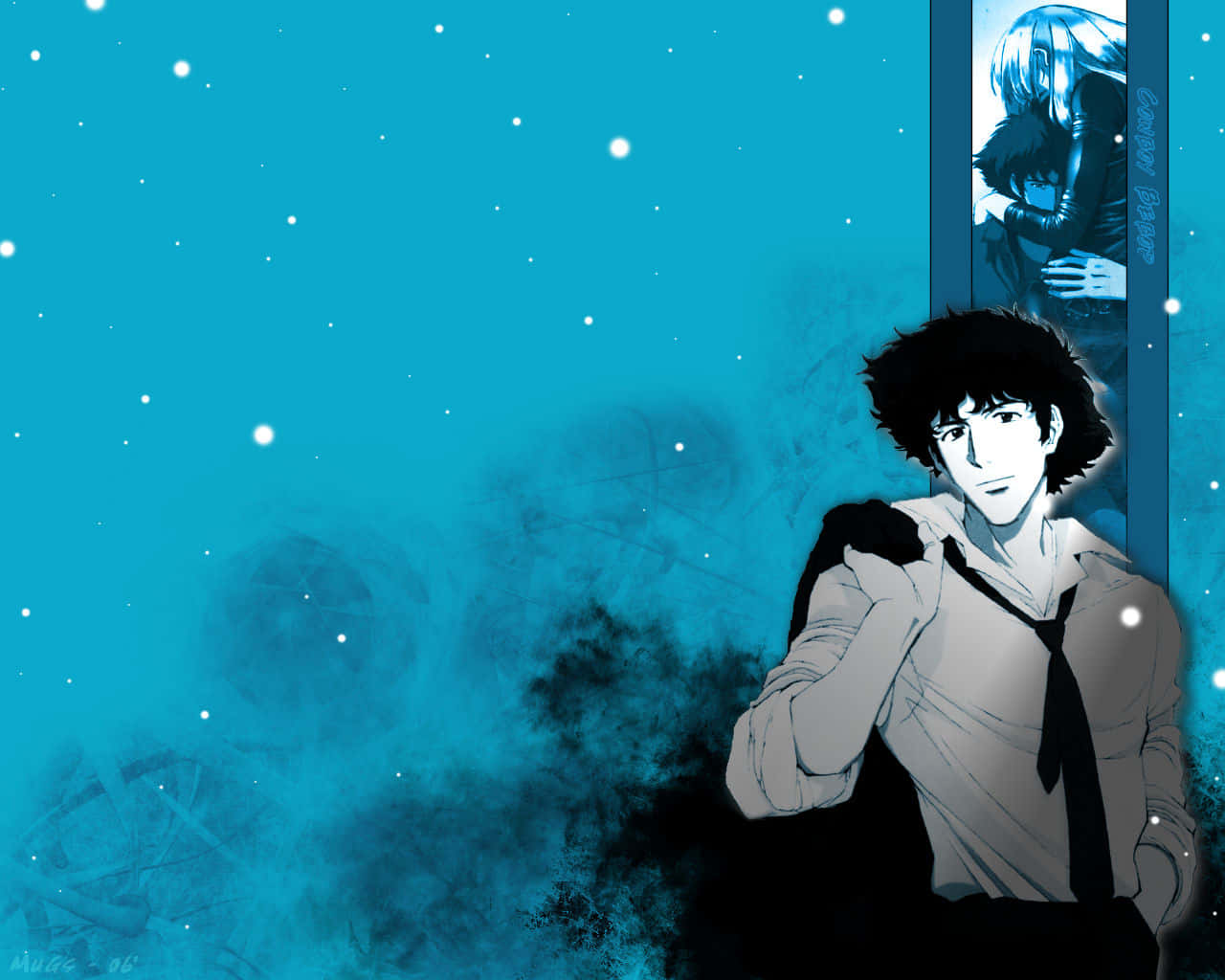 Cowboy Bebop Julia 桌布 壁紙 — 一個孤獨的動漫黑髮男子站在星空藍綠色背景前，角落有一個褪色的肖像。