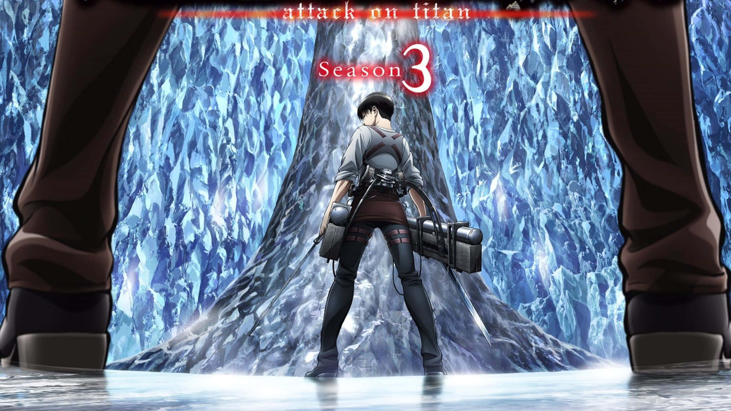 Attack On Titan Season 3 桌布 壁紙 — 一個孤獨的動畫士兵站在高聳的冰牆前，巨大的腿籠罩在上方，這是《進擊的巨人》第三季的戲劇性場景。