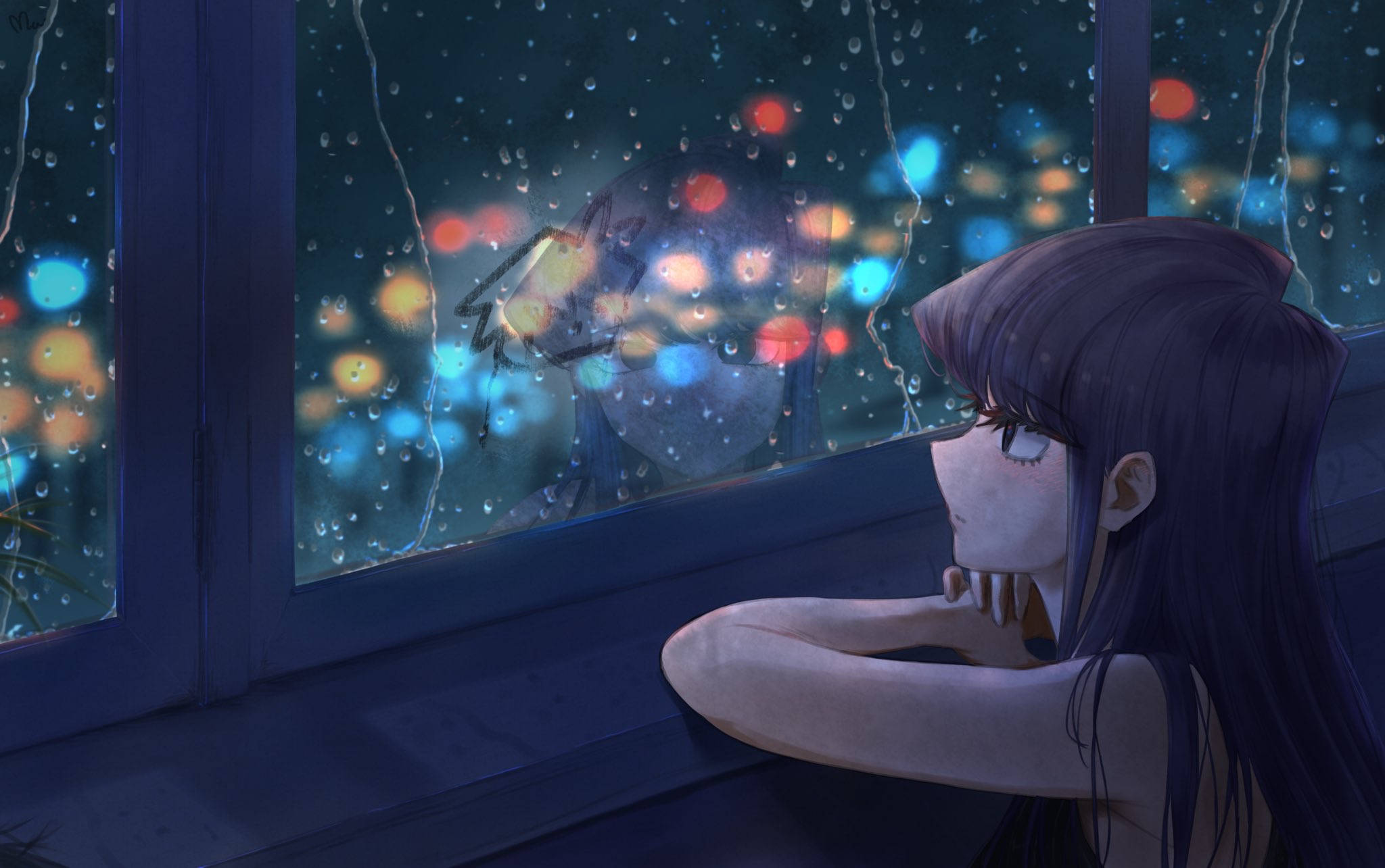 動漫女孩 桌布 壁紙 — 一個孤獨的動畫女孩凝視著雨水斑駁的窗戶，玻璃上反射著模糊的城市燈光。