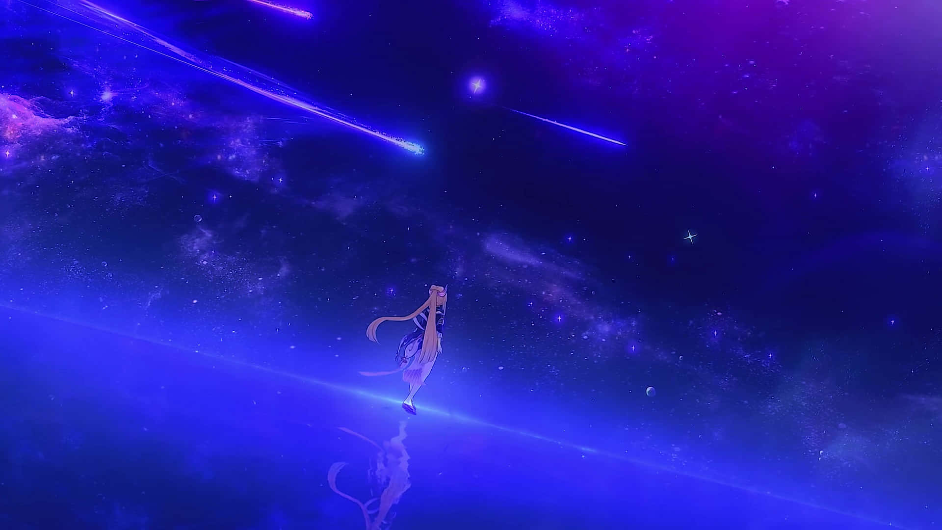 星空 桌布 壁紙 — 一個孤獨的動畫女孩在充滿流星和發光星雲的充滿活力的宇宙中優雅地漂浮。