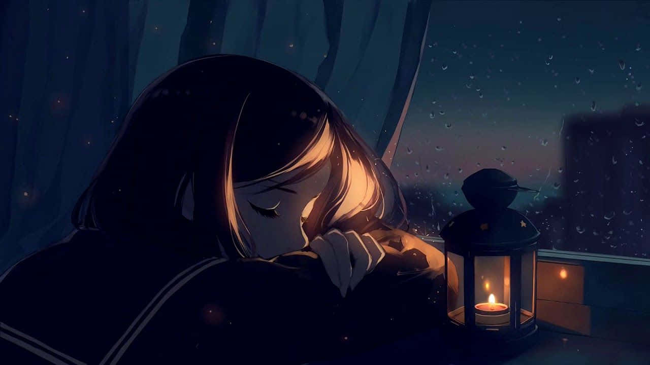 Sleep 桌布 壁紙 — 一個孤獨的動畫女孩在夜間將頭靠在手上，旁邊是一盞發光的燈籠，雨水順著窗戶流下。