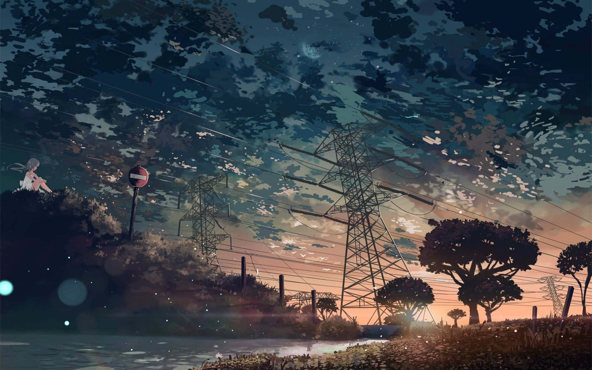 Aesthetic Anime City 桌布 壁紙 — 一個孤獨的動畫女孩坐在山頂上，在黃昏時分凝視著延伸在夢幻天空中的電線，天空帶有橙色和深藍色的條紋。