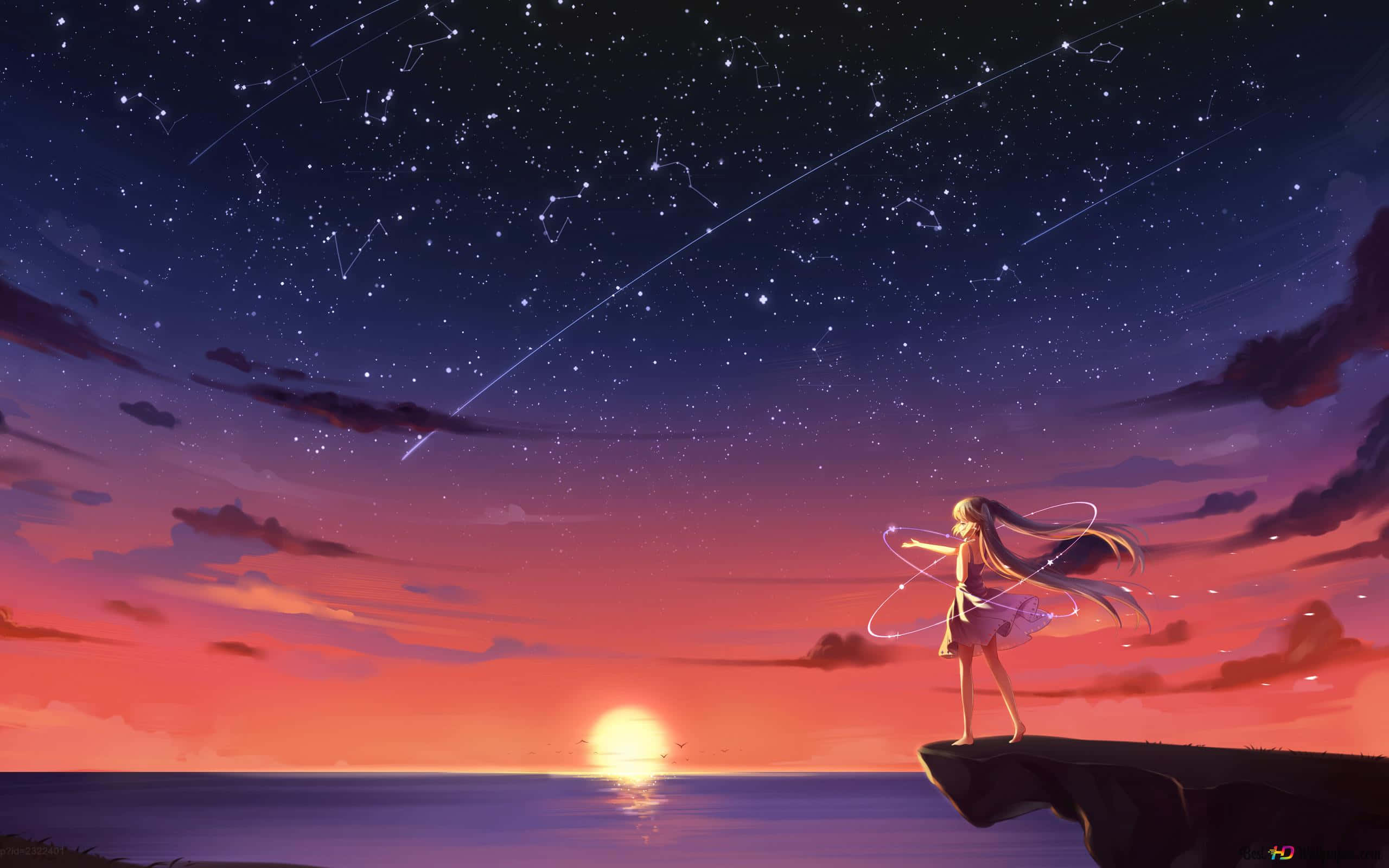 Anime Sunset 桌布 壁紙 — 一個孤獨的動畫女孩站在日落時分的懸崖邊，雙臂伸展，發光的環在她周圍旋轉，星空中有流星。