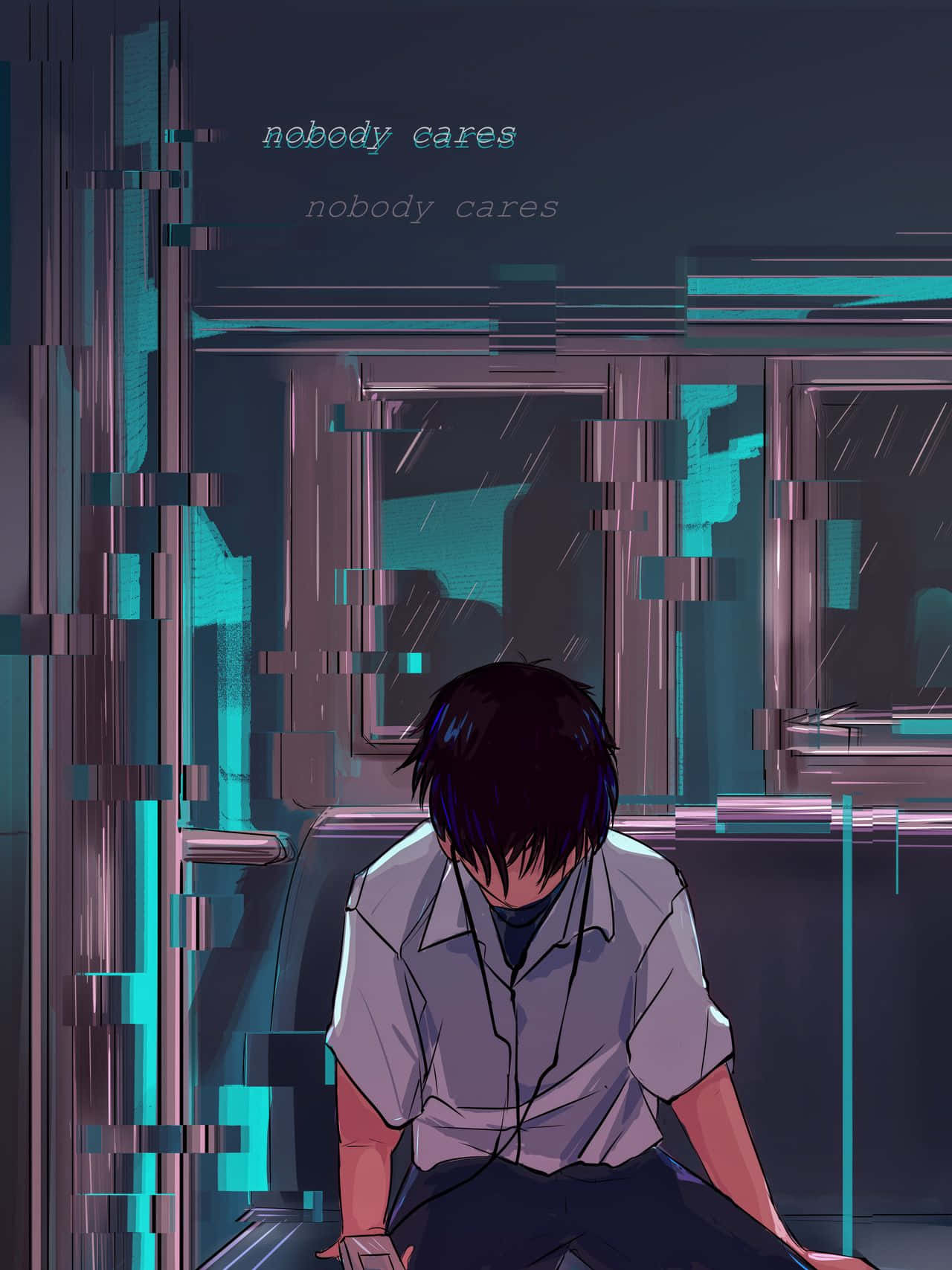 Shinji Ikari 桌布 壁紙 — 一個孤獨的動畫男孩沮喪地坐在一列有故障效果的火車上，雨水沿著窗戶流下，上方漂浮著「nobody cares」的文字。