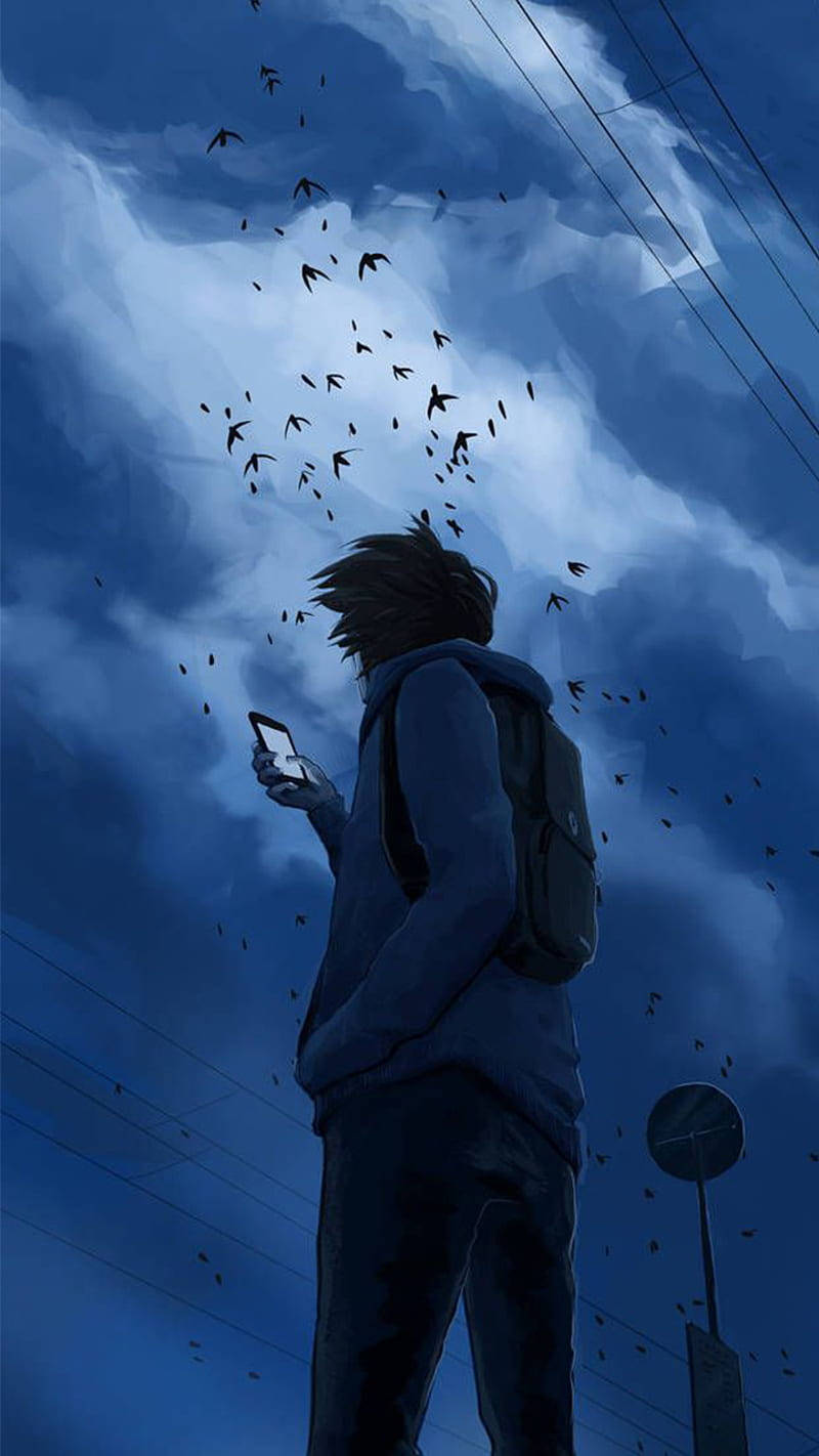 動畫男孩穿著連帽衫看著手機，鳥兒在風暴天空下飛走。 — 動畫 iPhone GIF 壁紙
