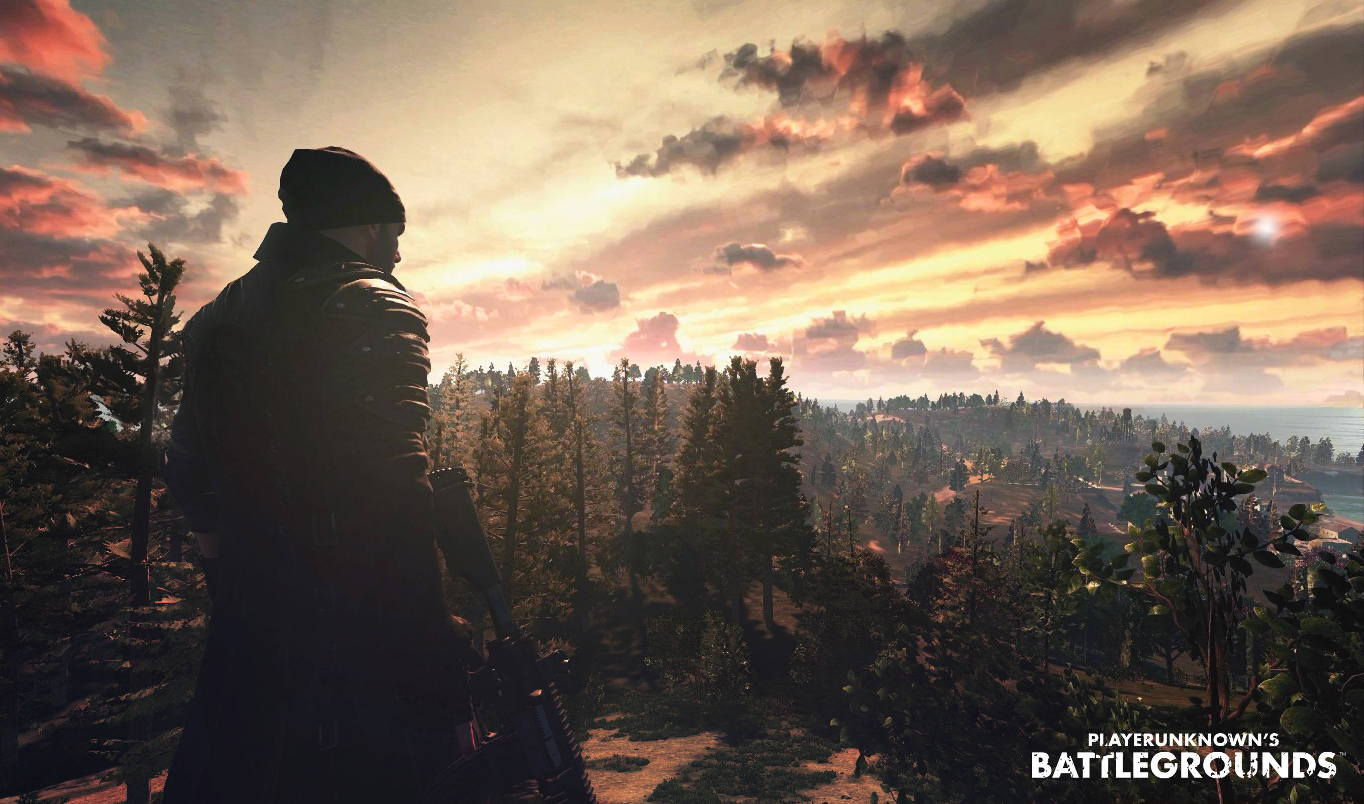 pubg mobile 桌布 壁紙 — 一個孤獨的士兵剪影站在日落時分的森林山頂上，俯瞰著廣闊的松樹覆蓋的景觀，天空呈現火熱的橙色和粉紅色。