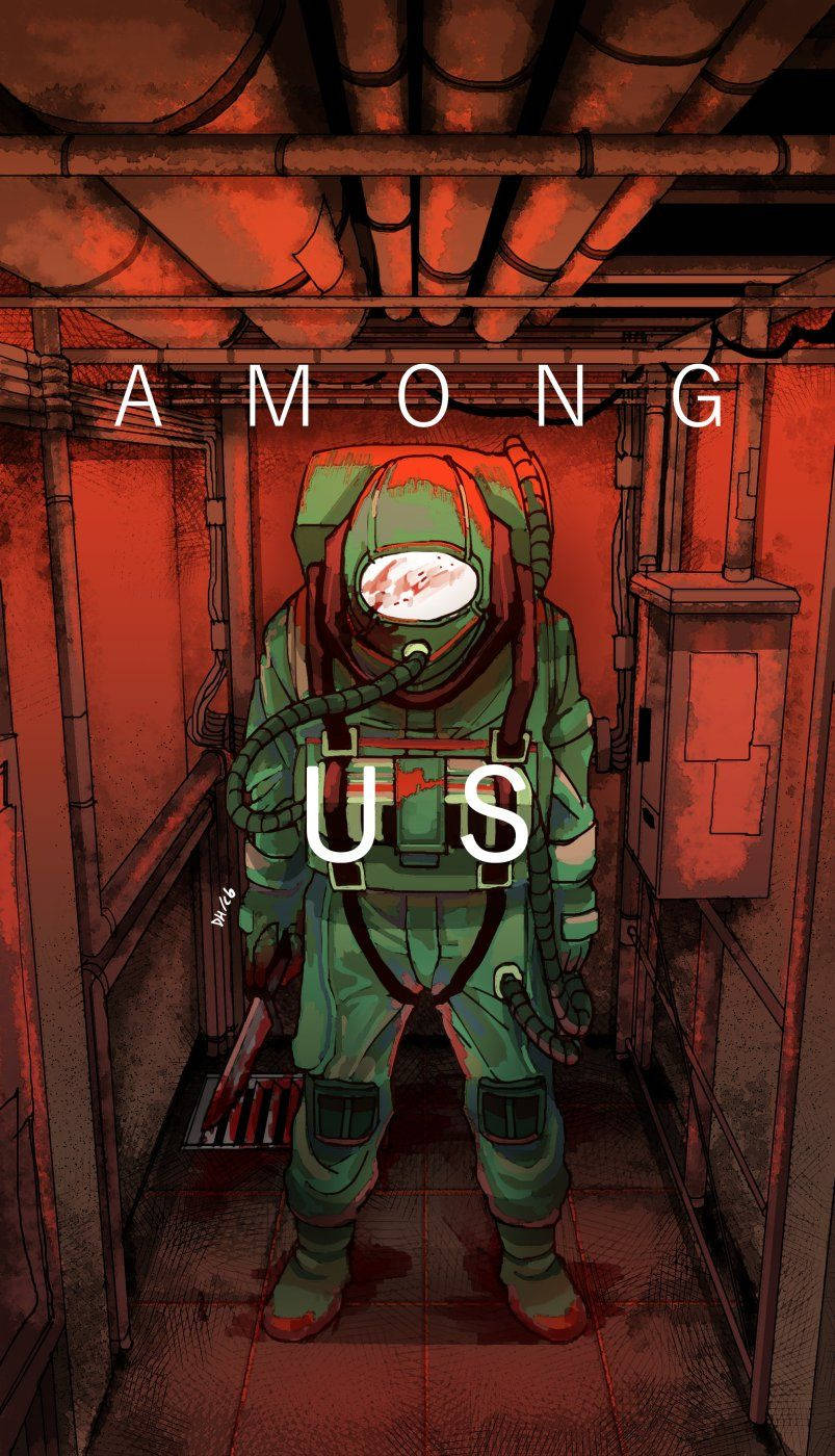 Among US 桌布 壁紙 — 一個孤獨的太空人穿著綠色太空衣，站在一條狹窄的紅色燈光走廊中，頭頂有管道，並疊加了AMONG US字樣。