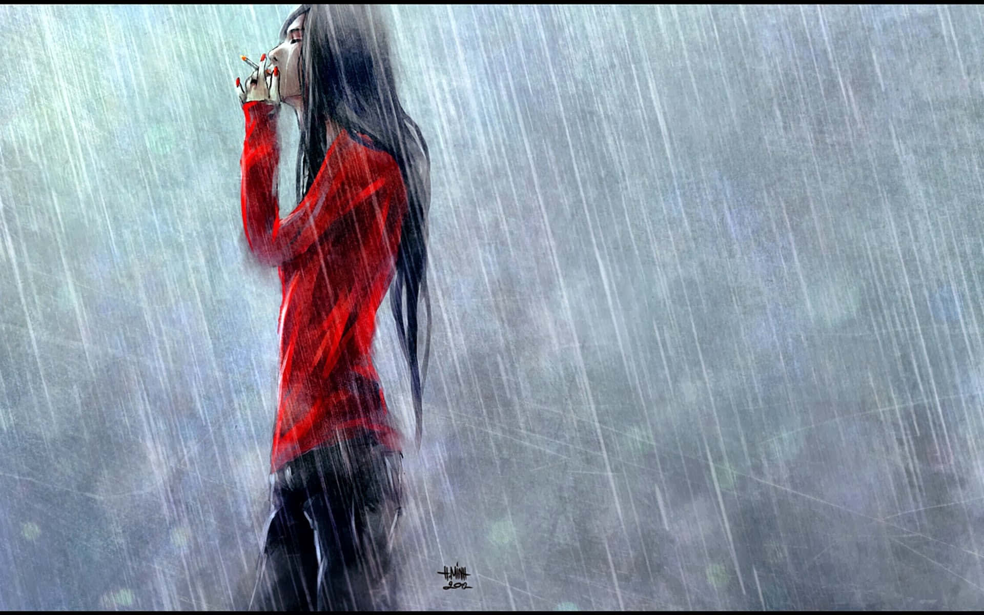Retsu Unohana 桌布 壁紙 — 一個孤獨的女人穿著紅色外套站在大雨中，把香煙放在唇邊，她的剪影在灰色的傾盆大雨中顯得格外鮮明。