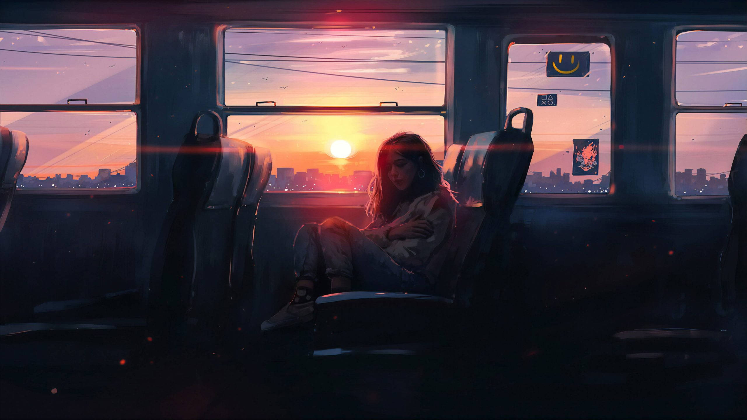 Train 桌布 壁紙 — 一個孤獨的女孩坐在昏暗的地鐵車廂裡，窗外 vibrant 的日落描繪著城市景觀。