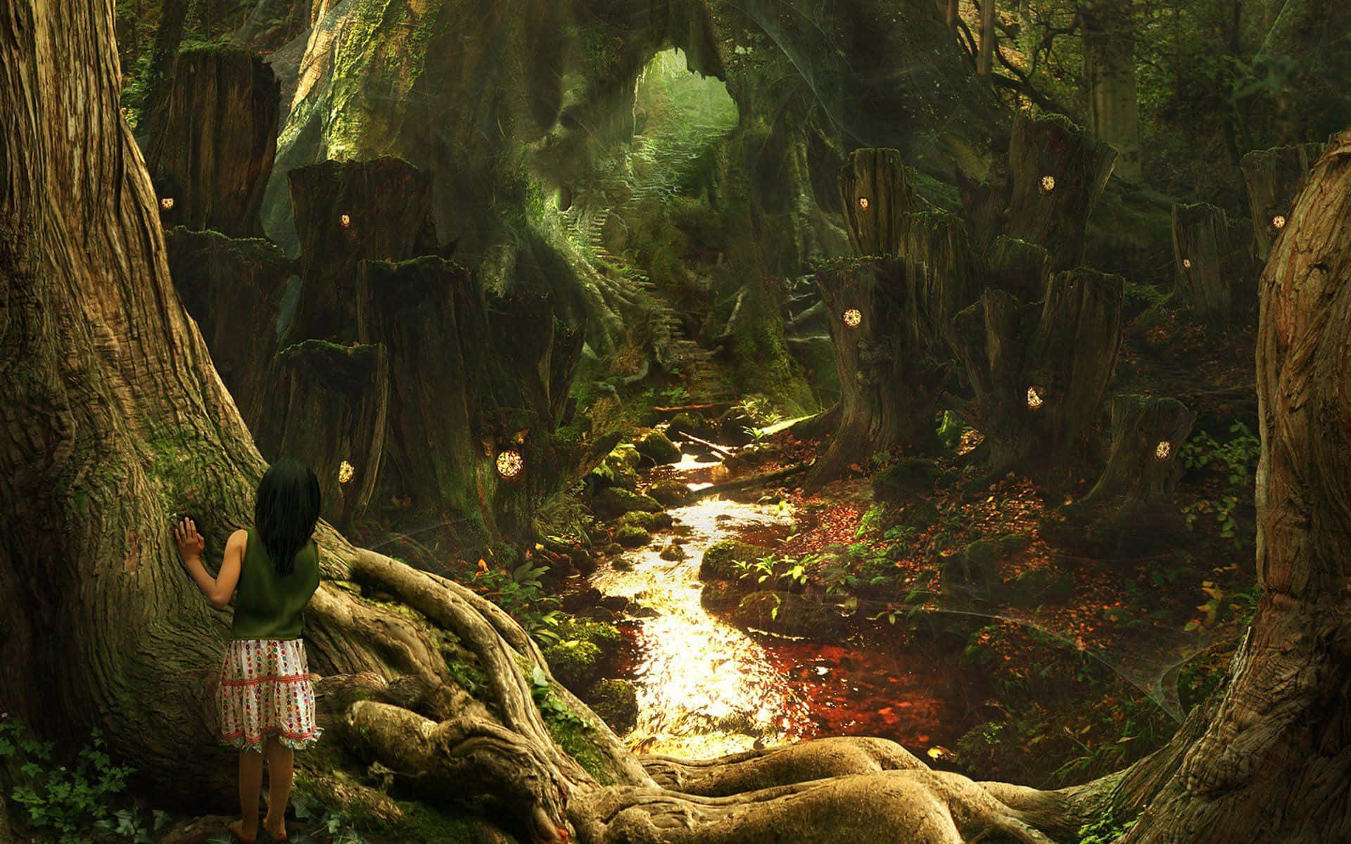 Magical Forest 桌布 壁紙 — 一個孤獨的女孩站在古樹根旁，敬畏地看著陽光穿過神秘的森林，照亮發光的蘑菇和蜿蜒的小溪。