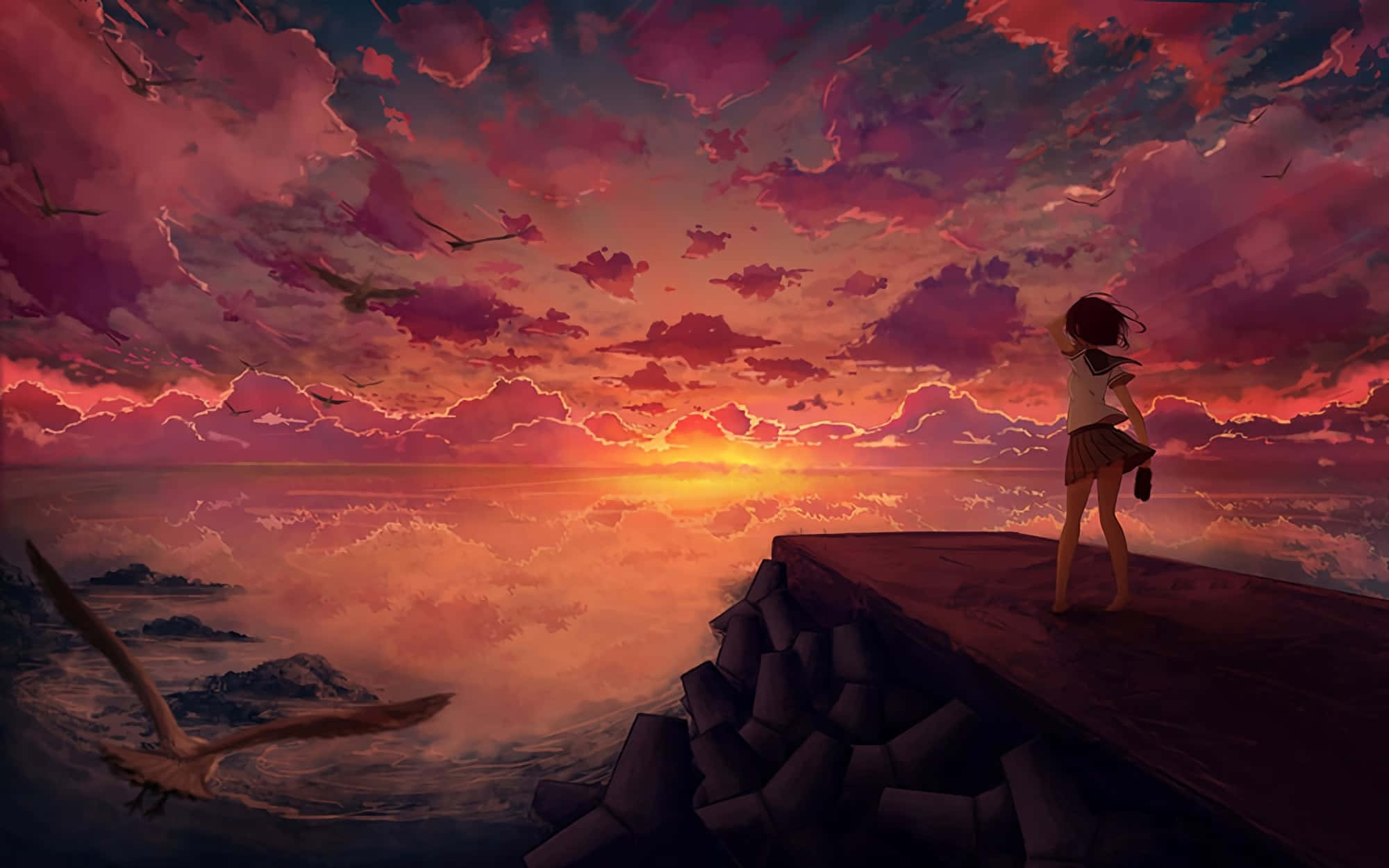 Anime Sky 桌布 壁紙 — 一個孤獨的女孩站在日落時的碼頭上，看著鳥兒在火紅的粉紅色和橙色天空下飛翔，天空倒映在海洋中。