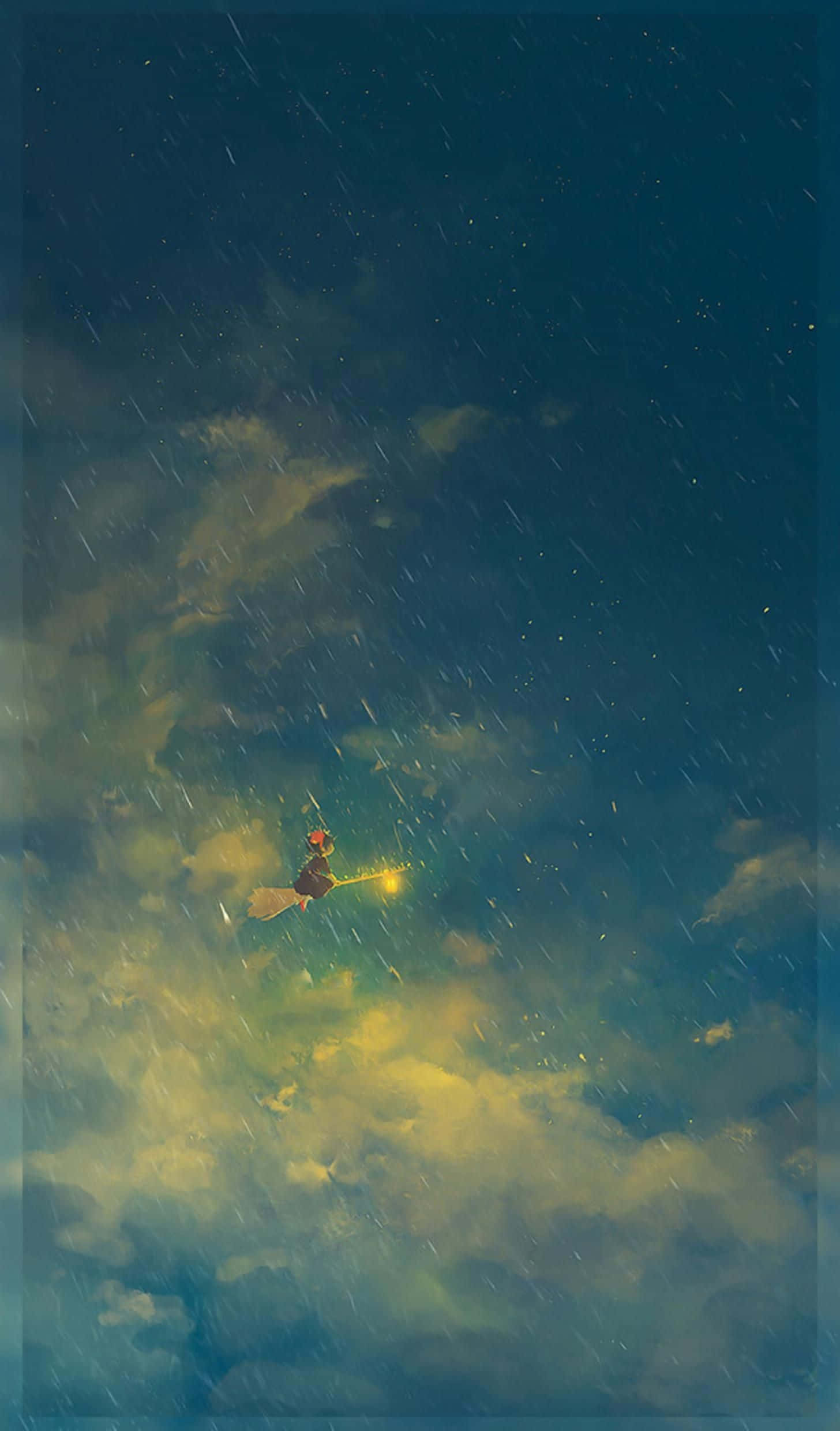 Studio Ghibli Art 桌布 壁紙 — 一個孤獨的女巫騎著掃帚飛過被發光燈籠照亮的暴風雨夜空。