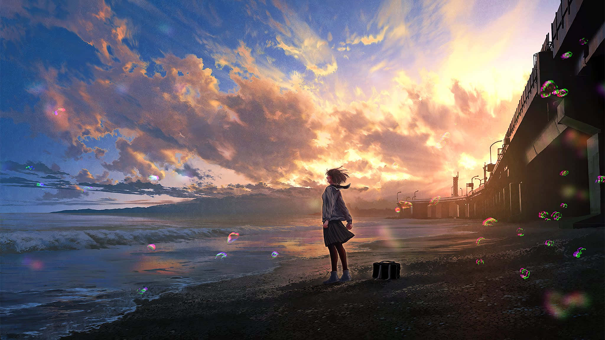 Anime Sunset 桌布 壁紙 — 一個孤獨的女生穿著校服站在海邊碼頭，夕陽下看著彩色泡泡在金色天空中飄浮。