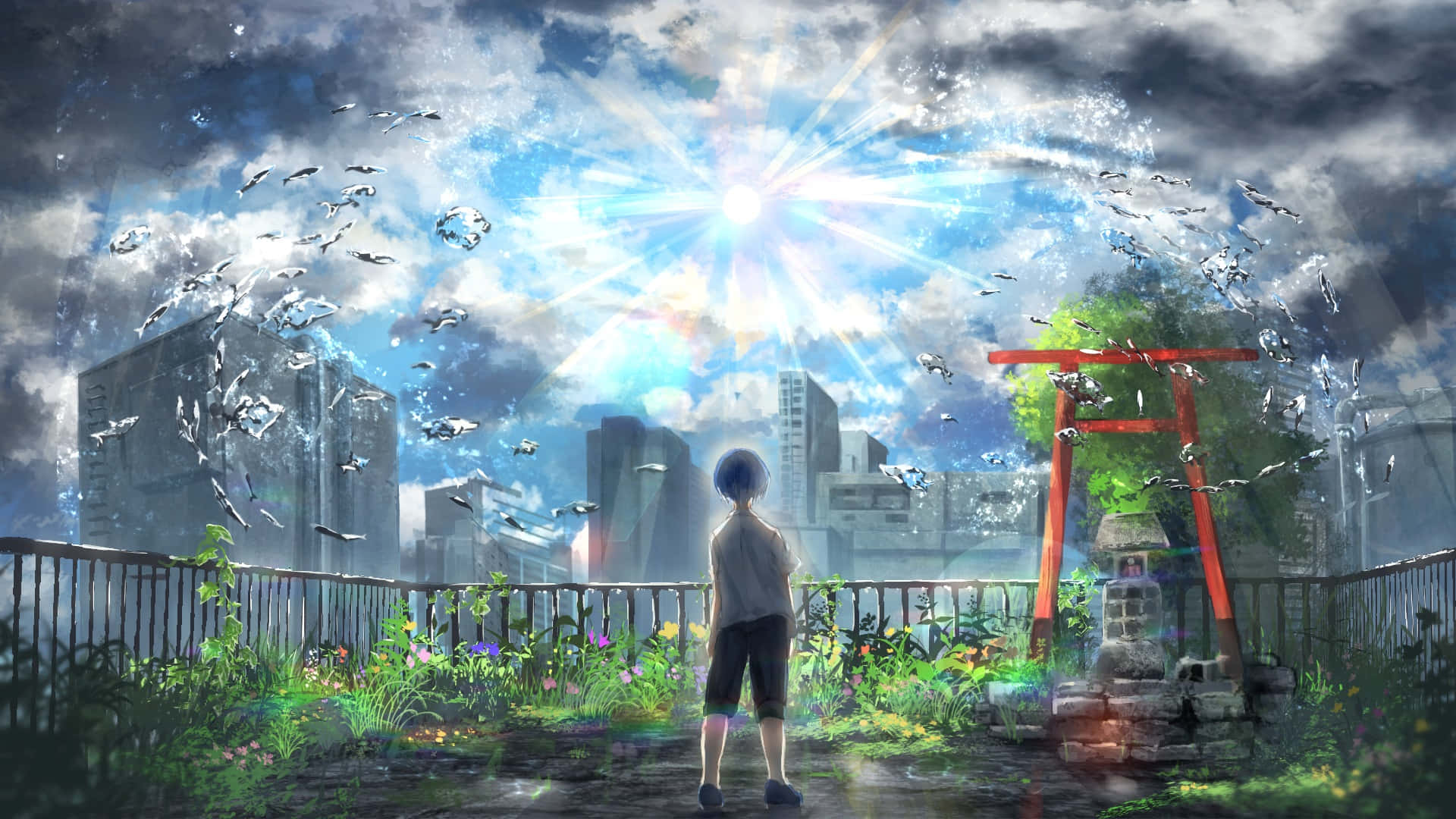 Weathering With You 桌布 壁紙 — 一個孤獨的孩子站在一個充滿活力的花園中的紅色鳥居前，俯瞰著一個在燦爛陽光天空下的未來城市。