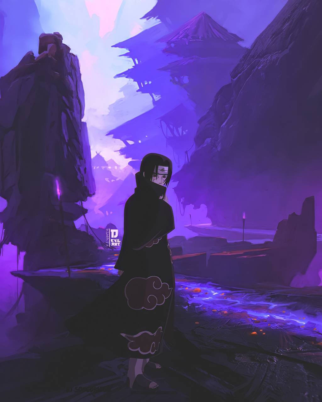 Itachi 桌布 壁紙 — 一個孤獨的忍者，身穿帶有紅雲的黑色斗篷，站在發光天空下的神秘紫色峽谷中。