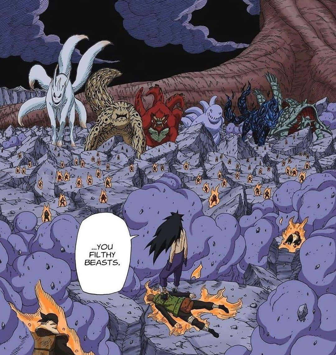 Tailed Beasts 桌布 壁紙 — 一個孤獨的忍者站在岩石戰場上，九尾獸從紫色煙霧和火焰中威脅性地升起。